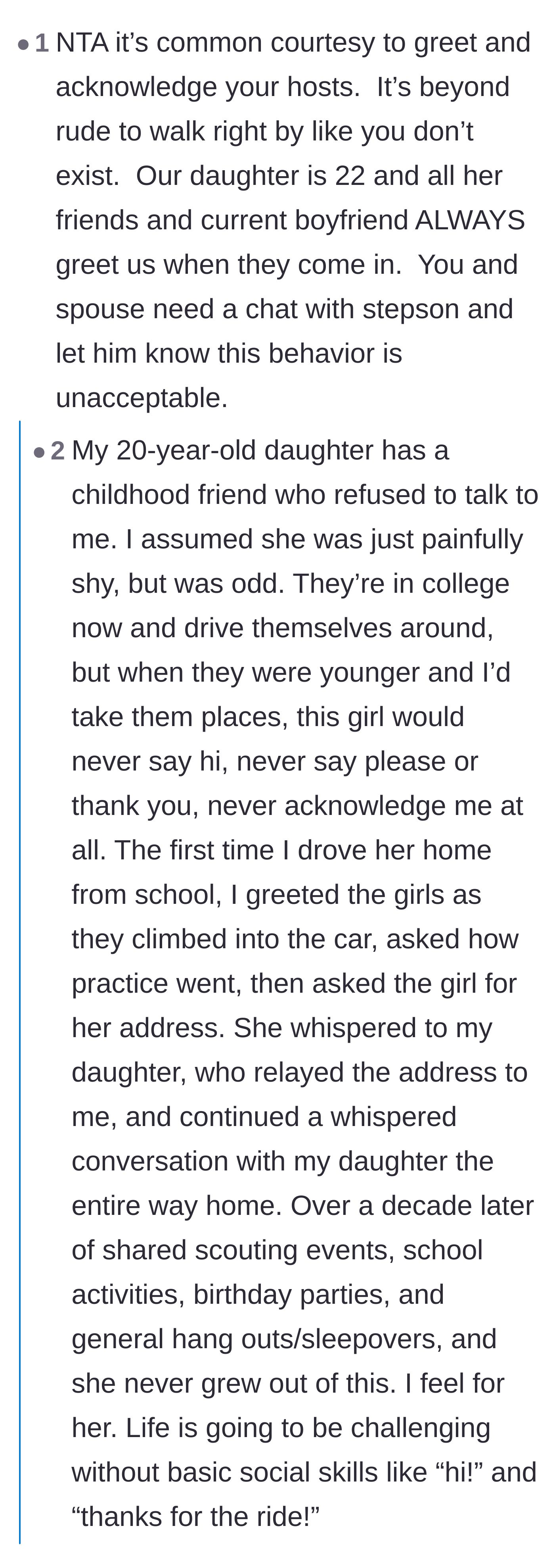 Comment thread 5 - Readers sharing stories of teaching basic manners and arguing that ignoring a host is universally unacceptable regardless of anxiety.