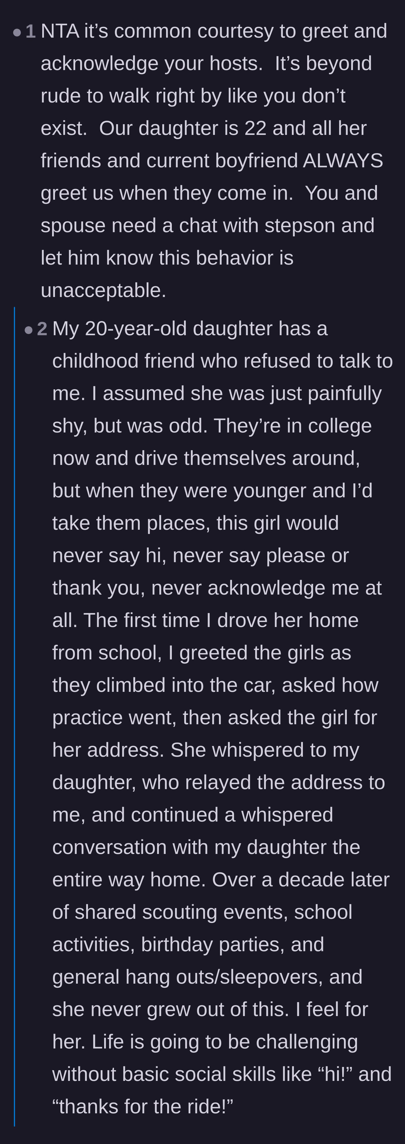 Comment thread 5 - Readers sharing stories of teaching basic manners and arguing that ignoring a host is universally unacceptable regardless of anxiety.