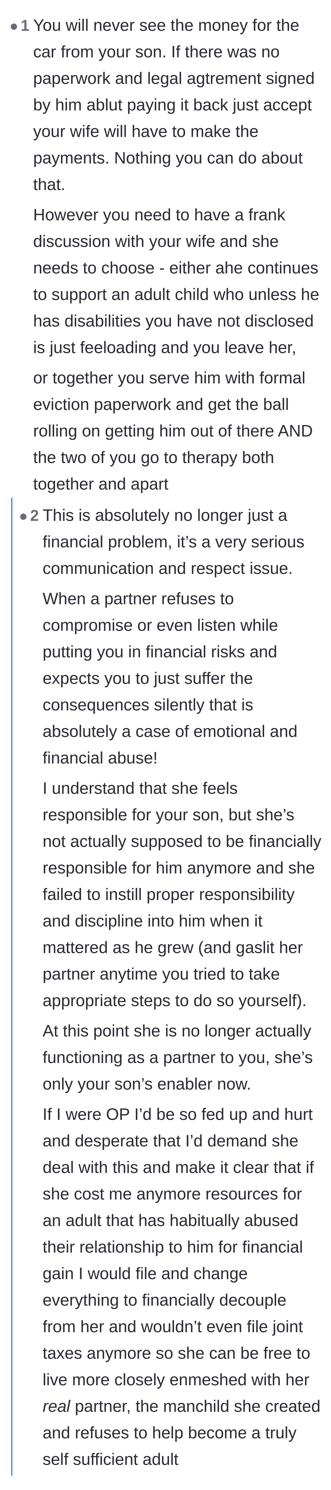 Comment thread 1 - Advice on setting hard boundaries and recognizing the wife's enabling as a marriage-ending lack of respect.