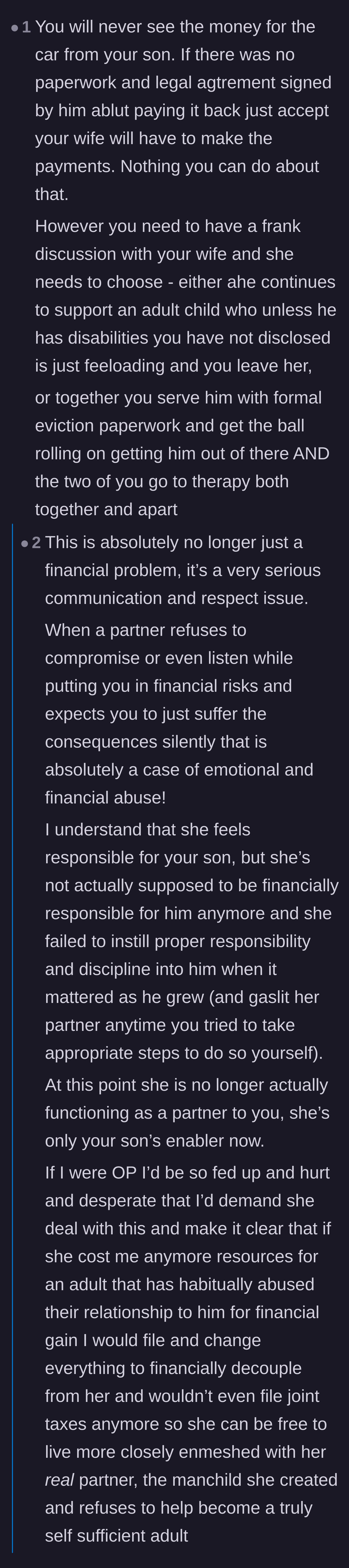 Comment thread 1 - Advice on setting hard boundaries and recognizing the wife's enabling as a marriage-ending lack of respect.