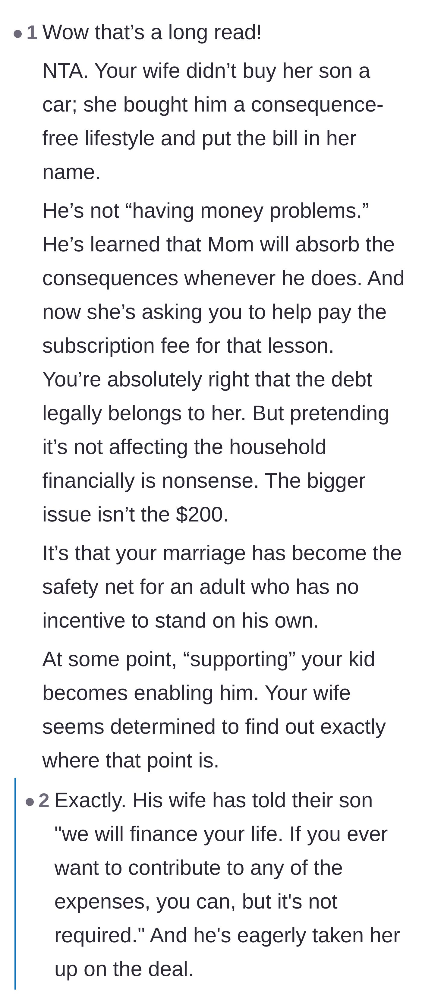 Comment thread 2 - A debate on whether separating finances can protect the husband from the wife's unilateral choices.