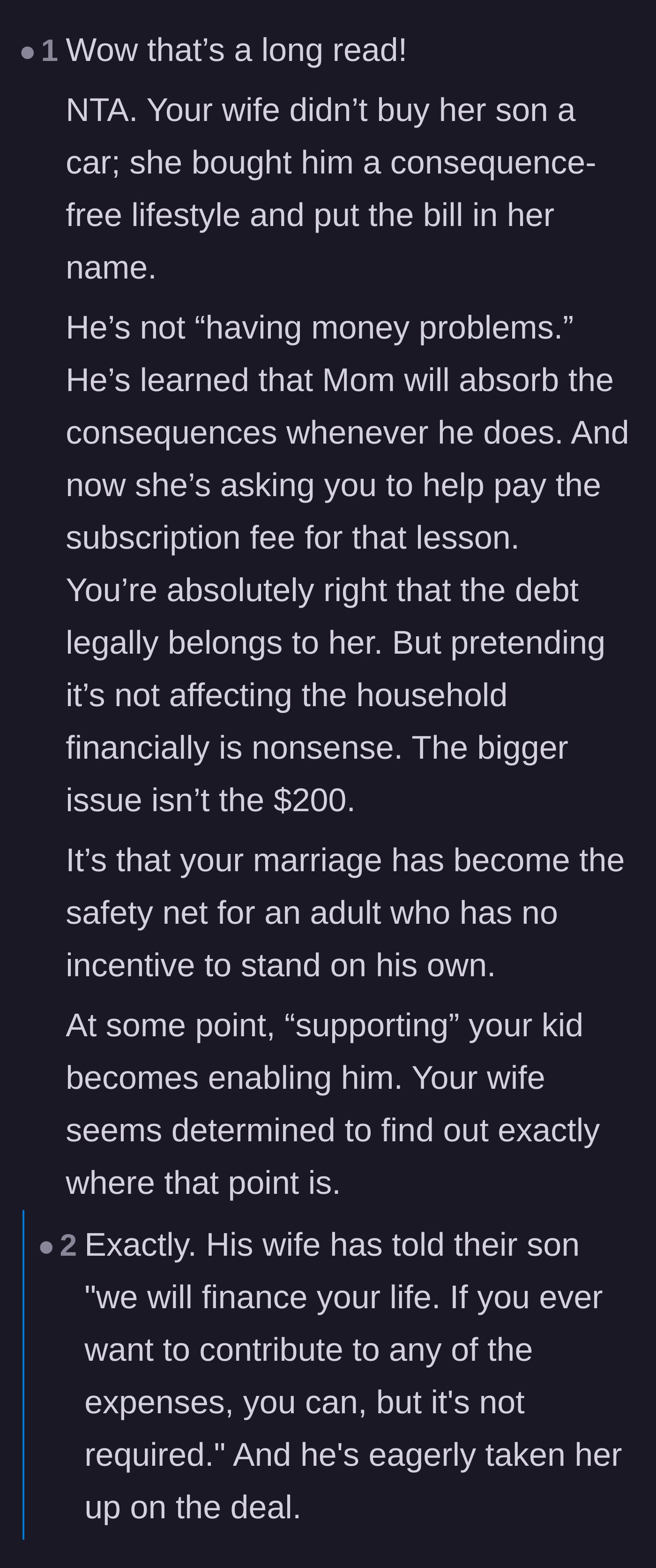Comment thread 2 - A debate on whether separating finances can protect the husband from the wife's unilateral choices.