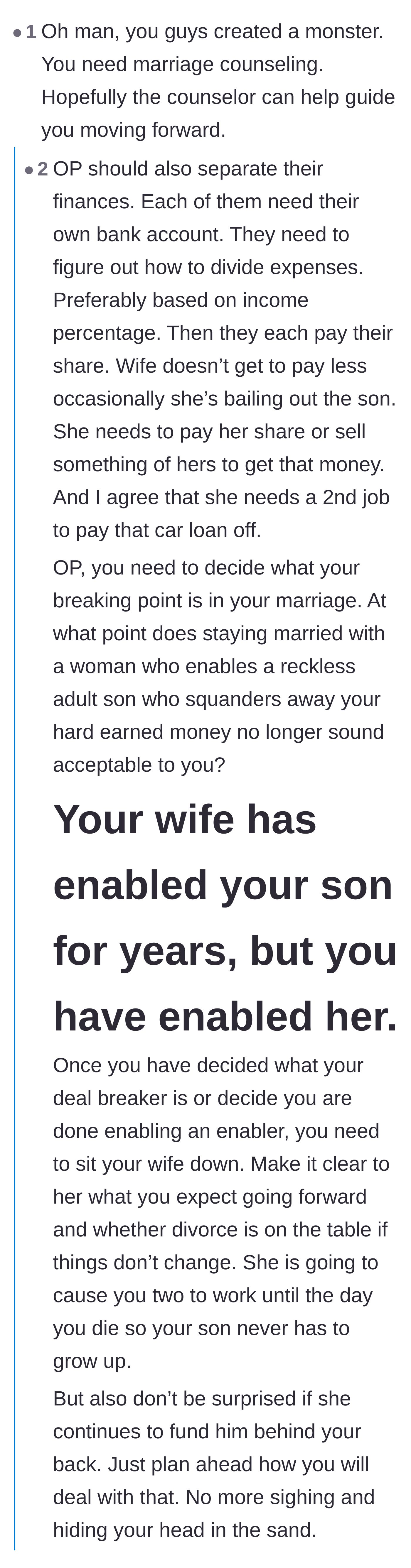 Comment thread 3 - Suggestions for marriage counseling and taking total control of the household budget.