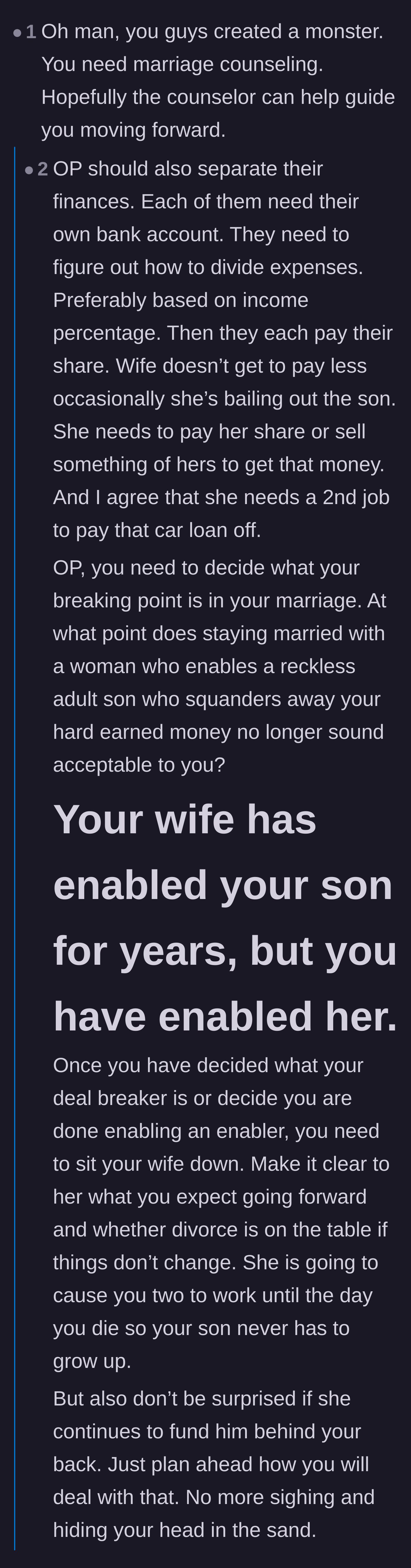 Comment thread 3 - Suggestions for marriage counseling and taking total control of the household budget.