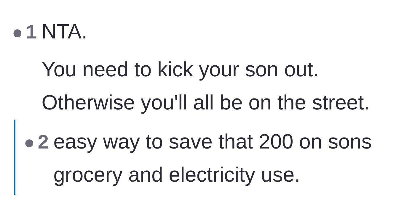 Comment thread 6 - Practical advice on recouping the lost money by cutting the son's utilities and food supply.