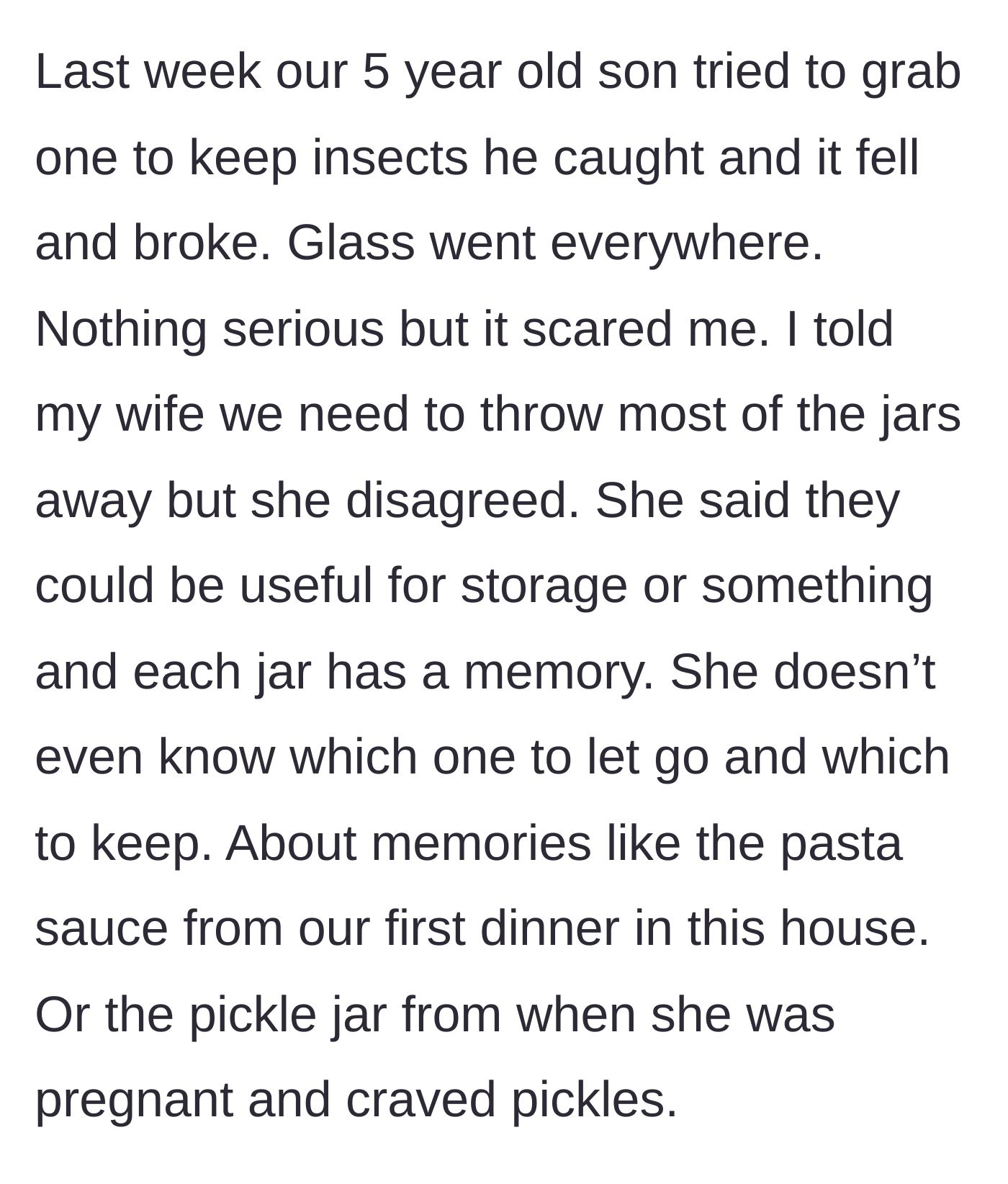 Story part 2 - A 5-year-old boy reaching for a glass jar that falls and shatters into pieces on the floor.