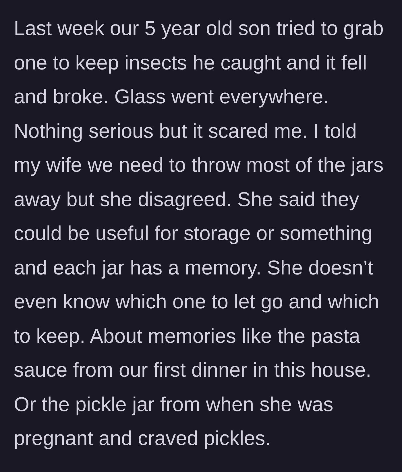 Story part 2 - A 5-year-old boy reaching for a glass jar that falls and shatters into pieces on the floor.