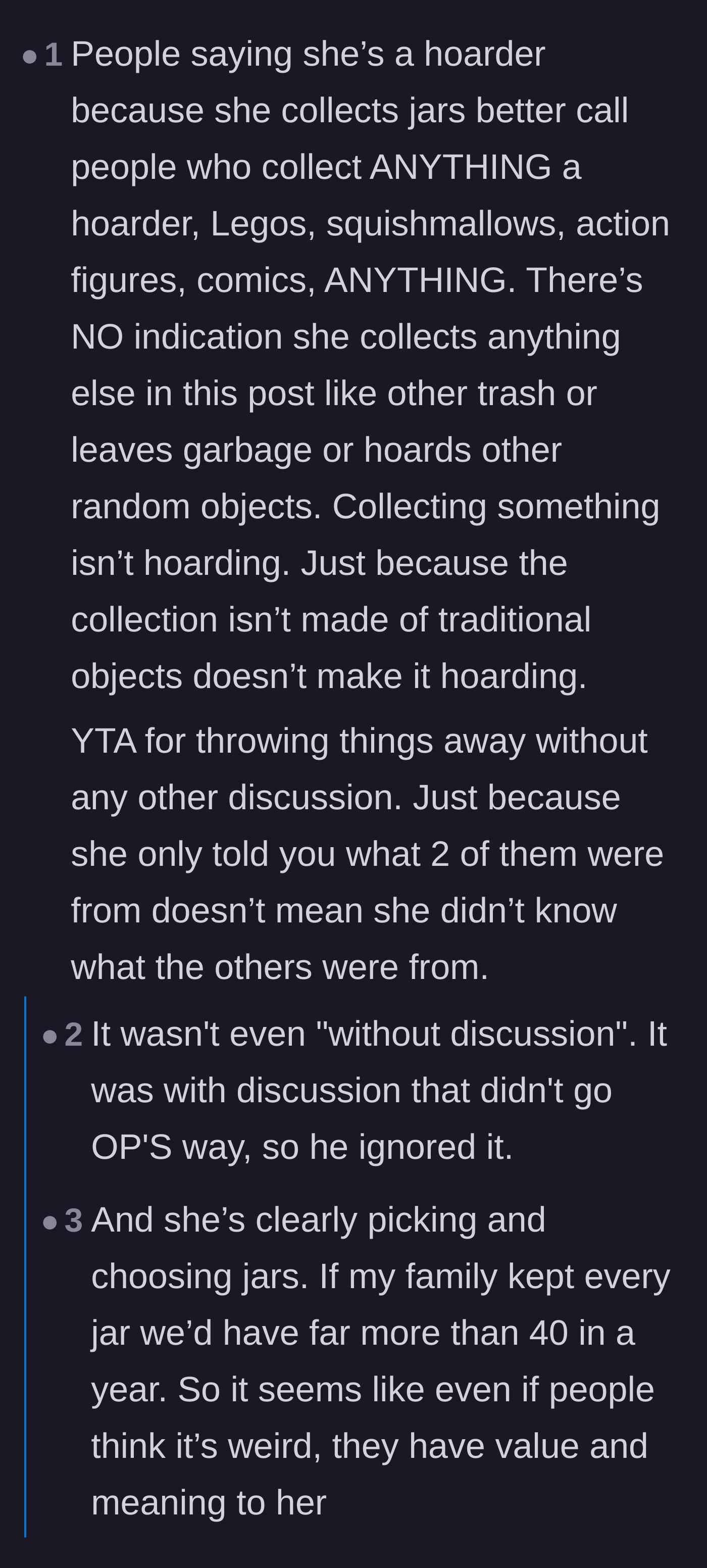Comment thread 2 - A debate on whether 40 jars actually constitutes hoarding compared to other common collections.