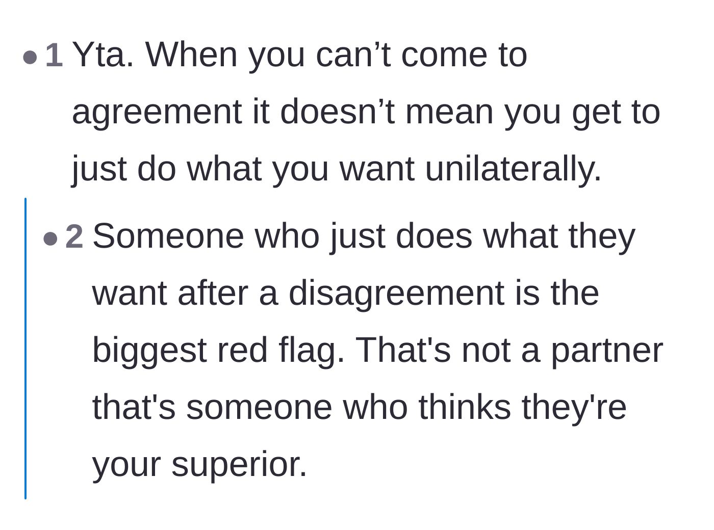 Comment thread 6 - A short thread highlighting the massive red flag of a partner acting like a superior instead of an equal.
