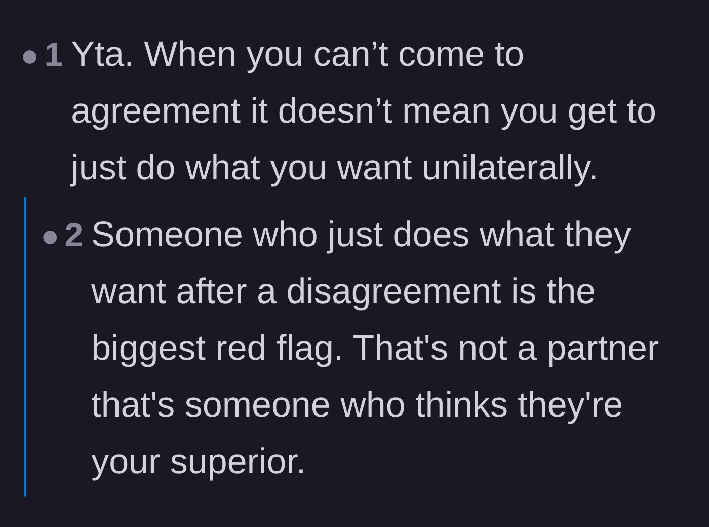 Comment thread 6 - A short thread highlighting the massive red flag of a partner acting like a superior instead of an equal.