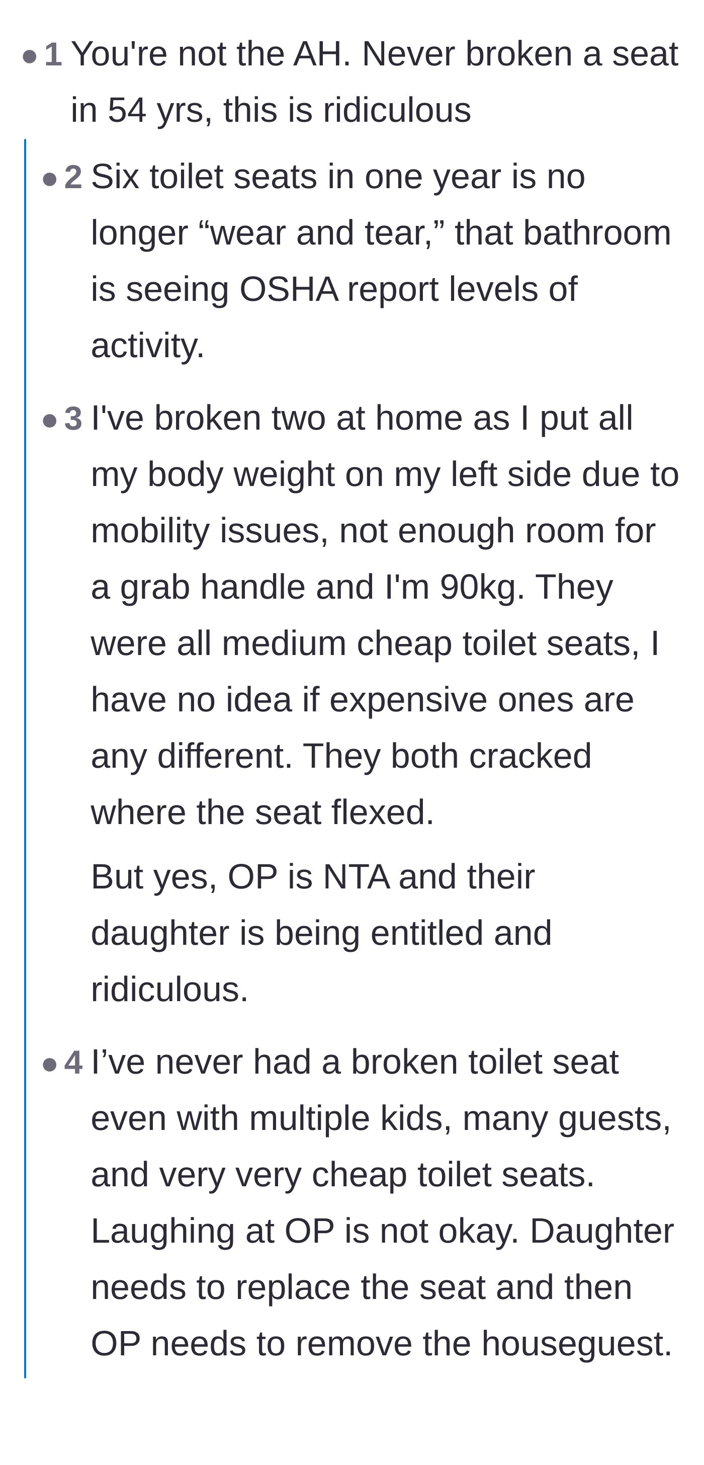 Comment thread 1 - Debating how a toilet seat breaks six times, ranging from wild adult toy theories to practical mobility explanations and offering unhinged replacement ultimatums.