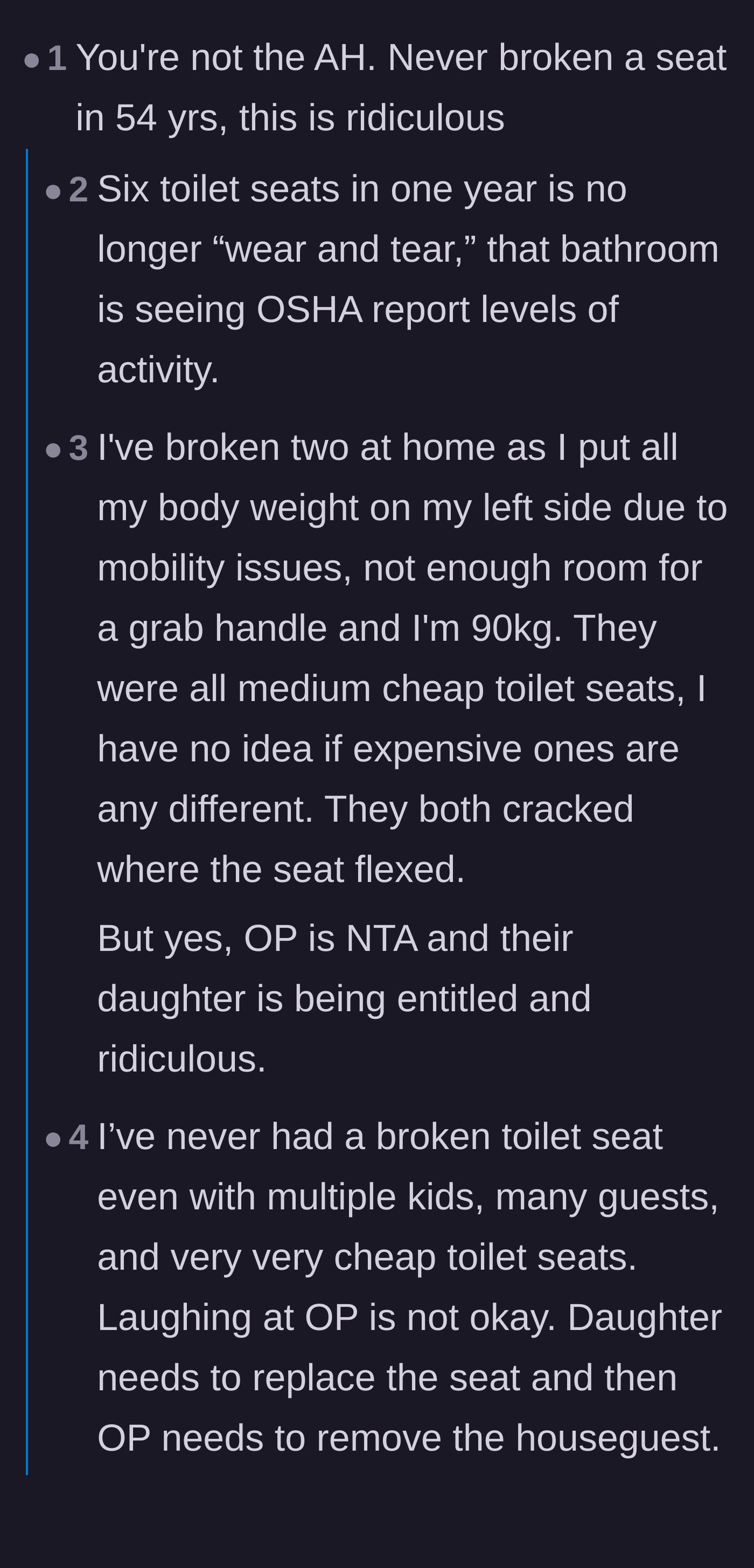 Comment thread 1 - Debating how a toilet seat breaks six times, ranging from wild adult toy theories to practical mobility explanations and offering unhinged replacement ultimatums.