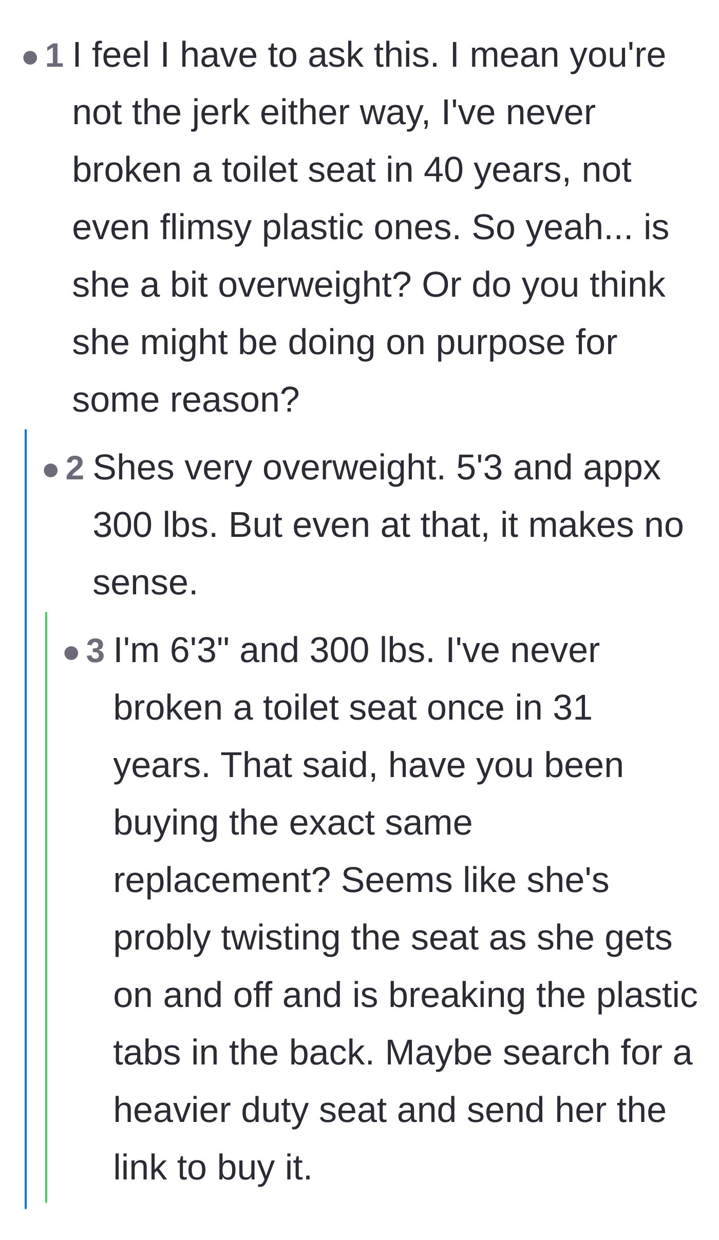 Comment thread 2 - Discussing the mechanics of weight limits, side-leaning, and the false economy of repeatedly buying cheap replacement seats.