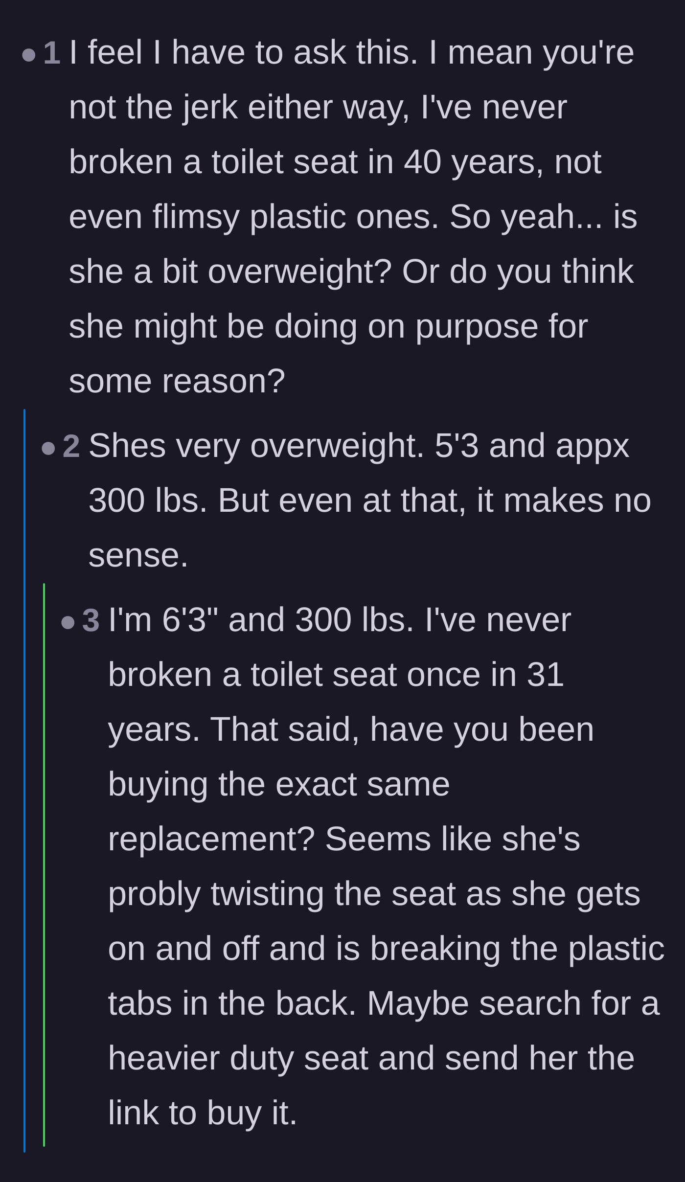 Comment thread 2 - Discussing the mechanics of weight limits, side-leaning, and the false economy of repeatedly buying cheap replacement seats.