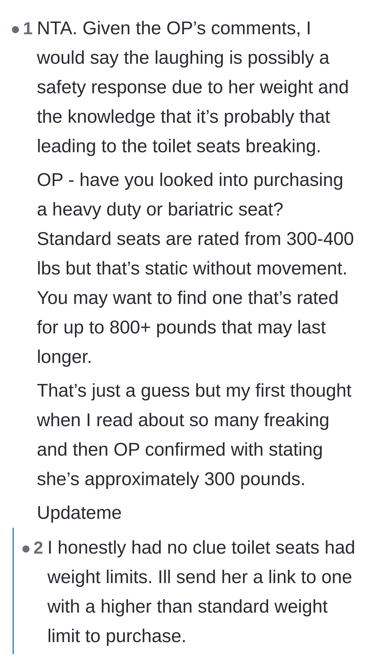 Comment thread 4 - Empathy for the daughter's potential embarrassment about her weight and advice on gracefully suggesting a heavy-duty bariatric seat.
