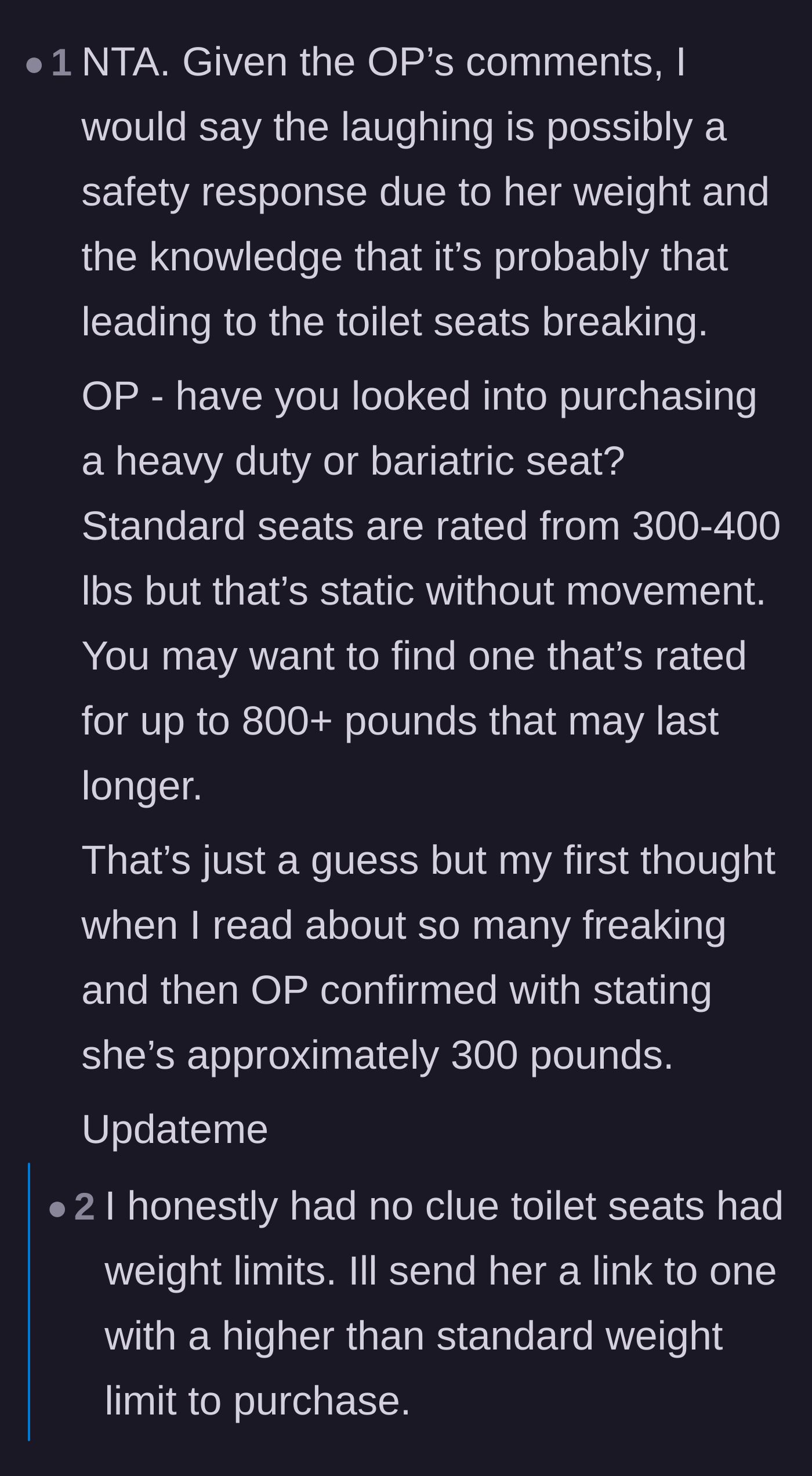 Comment thread 4 - Empathy for the daughter's potential embarrassment about her weight and advice on gracefully suggesting a heavy-duty bariatric seat.