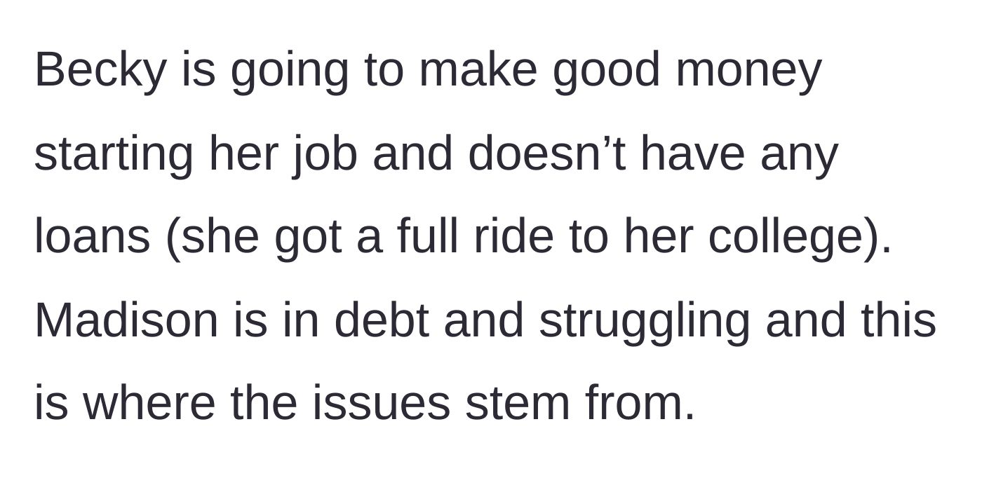 Story part 3 - Becky graduates debt-free with a full ride, while Madison is drowning in debt, sparking the root of the family issues.
