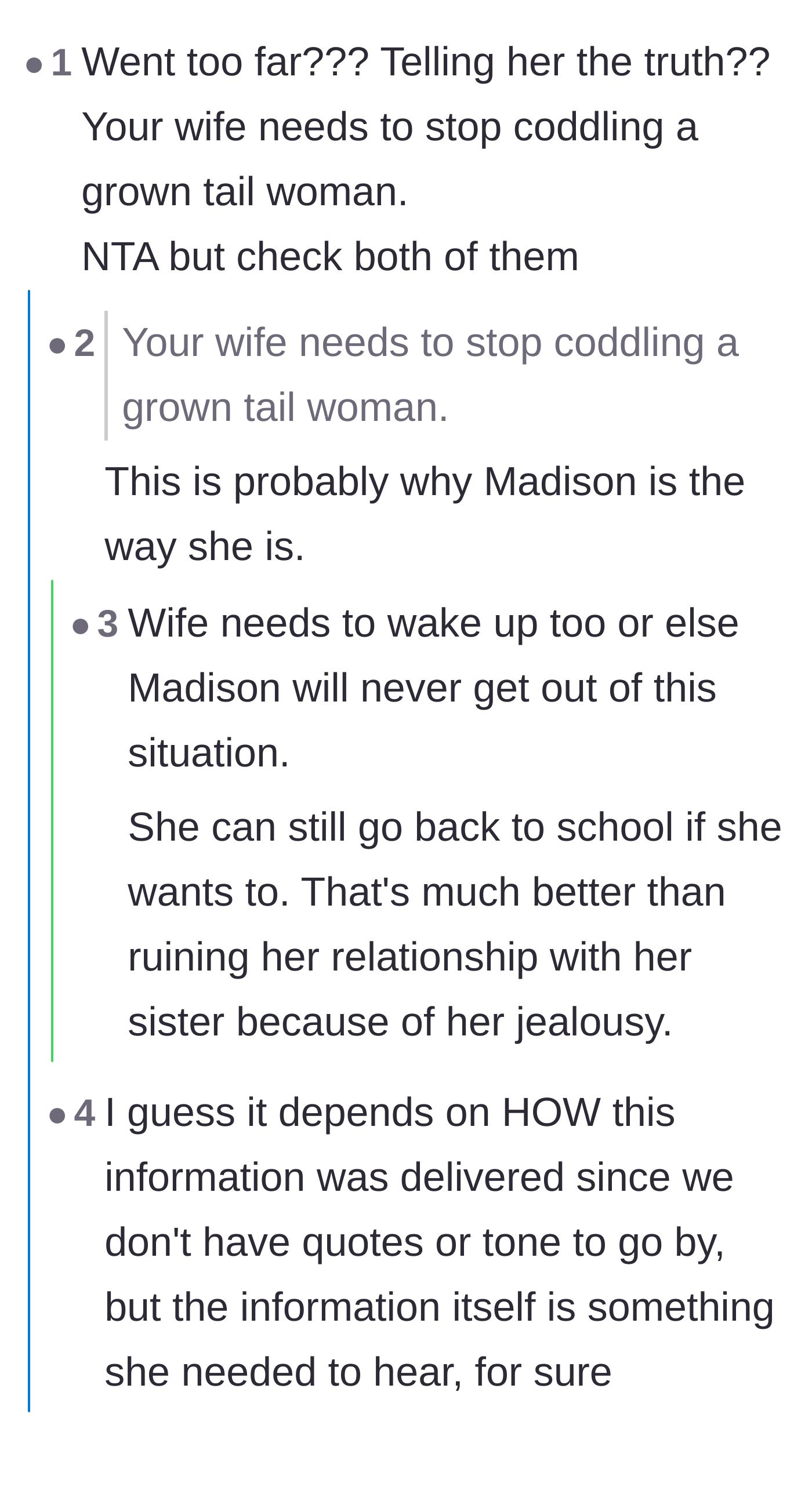 Comment thread 1 - Readers debating how over-coddling a child often leads to them failing to launch in adulthood.
