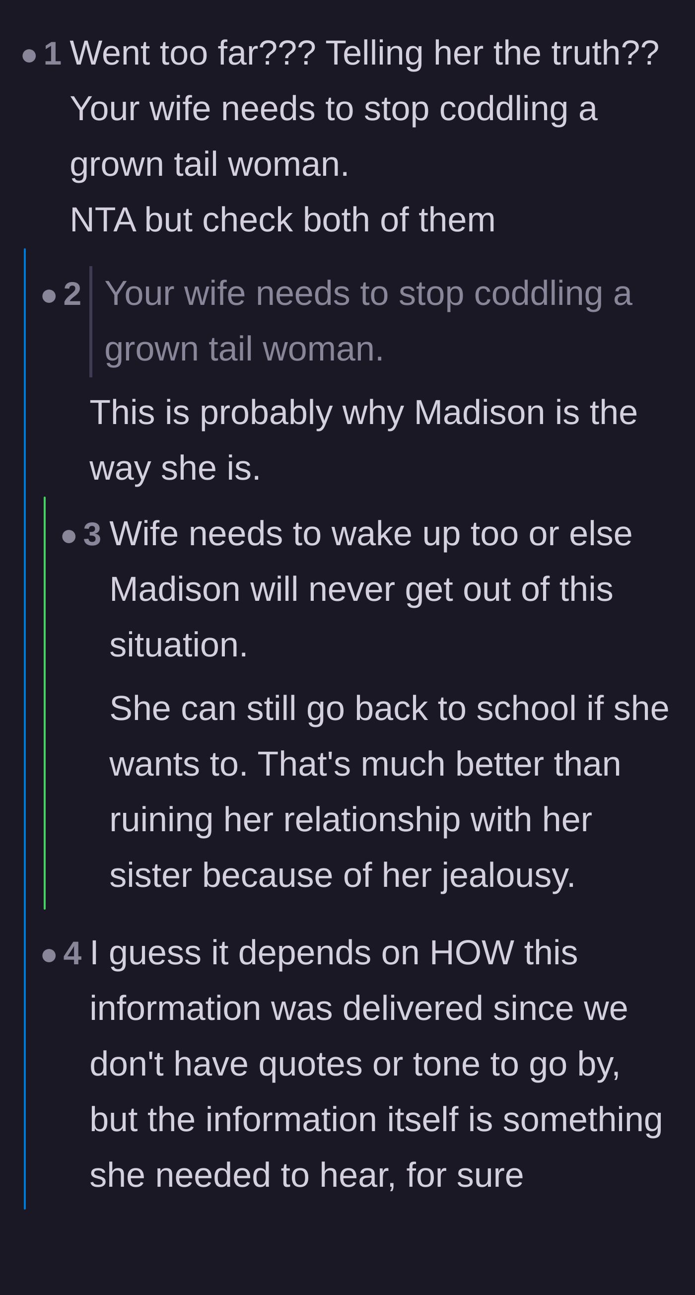 Comment thread 1 - Readers debating how over-coddling a child often leads to them failing to launch in adulthood.