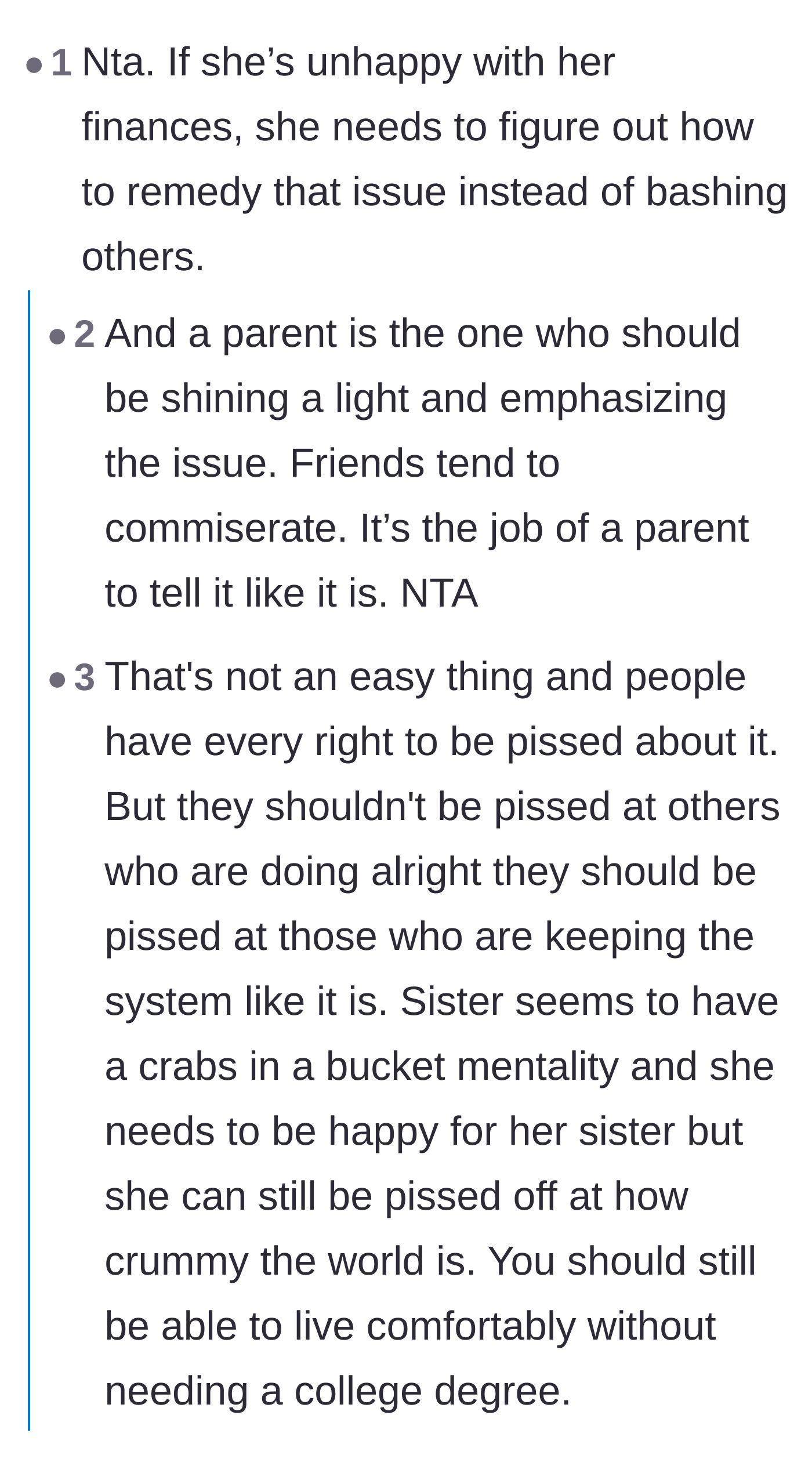 Comment thread 2 - Discussion on how she should focus on fixing her own finances rather than dragging her sister down.