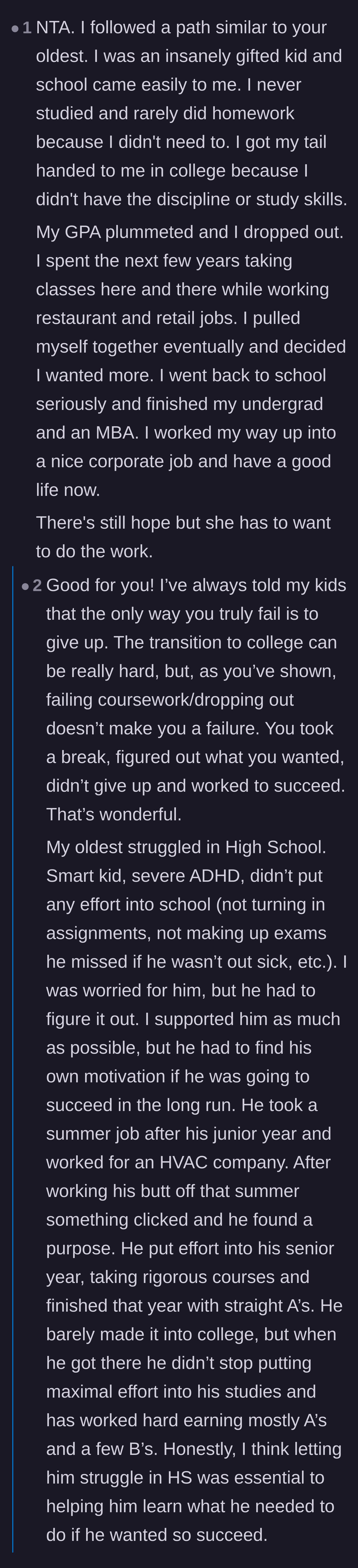 Comment thread 6 - Former gifted students sharing how they bounced back and found success after failing out of college.