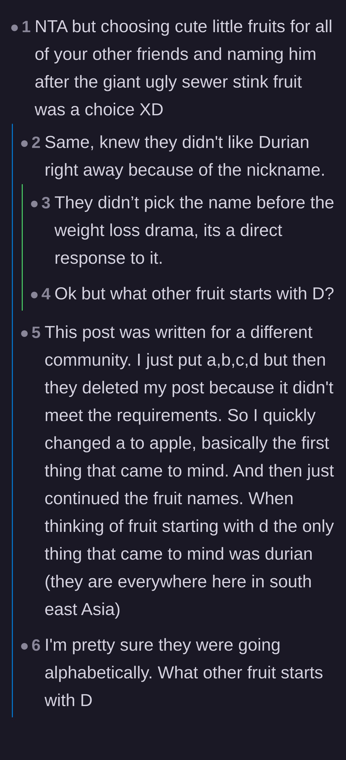 Comment thread 1 - Commenters debate whether naming the friend 'Durian' was an intentional insult about his vibe or just an alphabetical coincidence.
