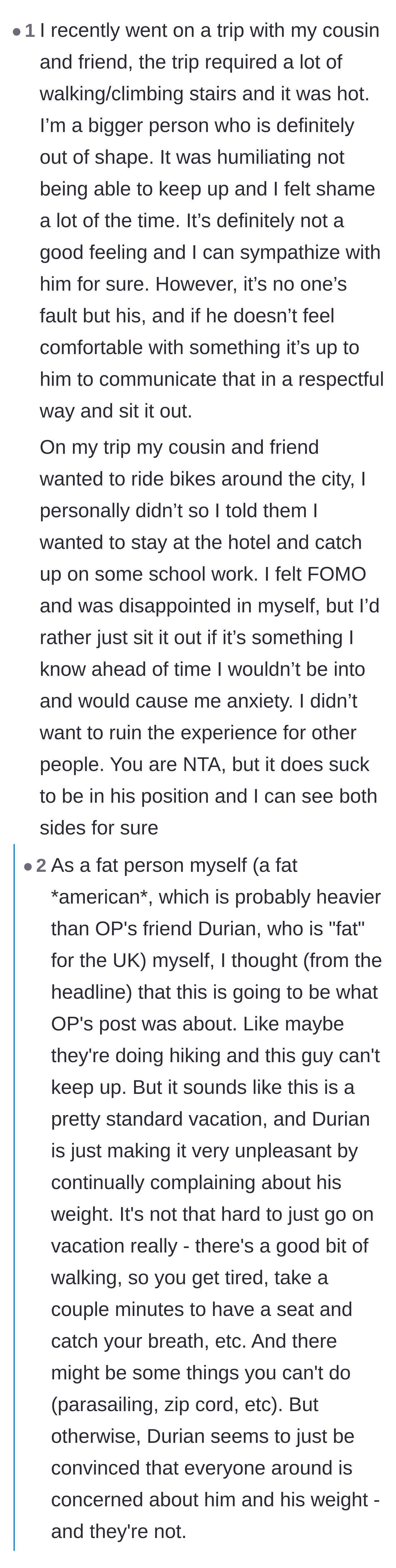 Comment thread 3 - A larger user shares a personal story about politely opting out of vacation activities instead of making everyone else miserable.