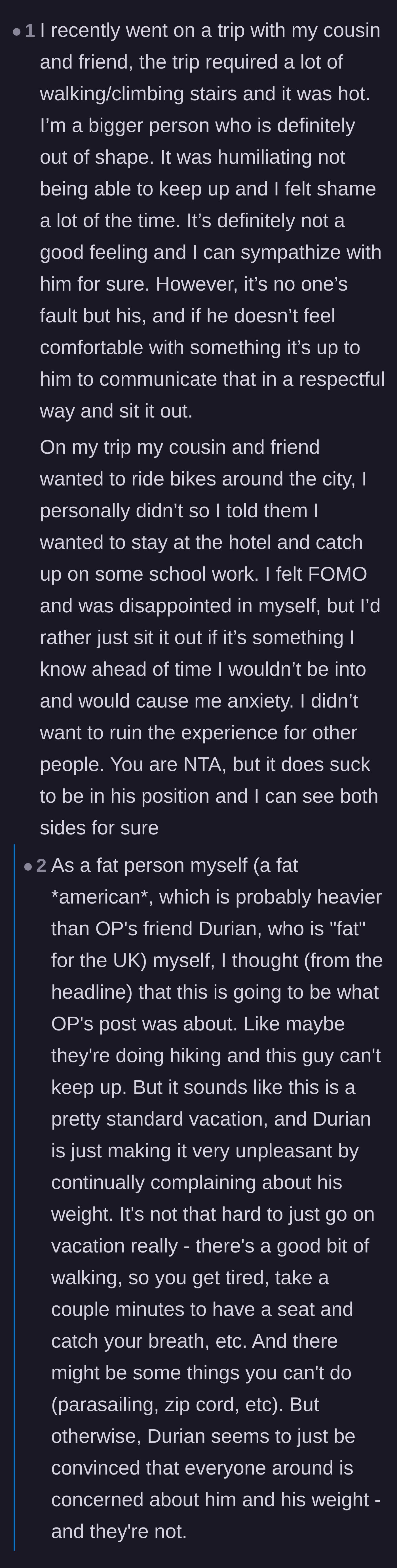 Comment thread 3 - A larger user shares a personal story about politely opting out of vacation activities instead of making everyone else miserable.