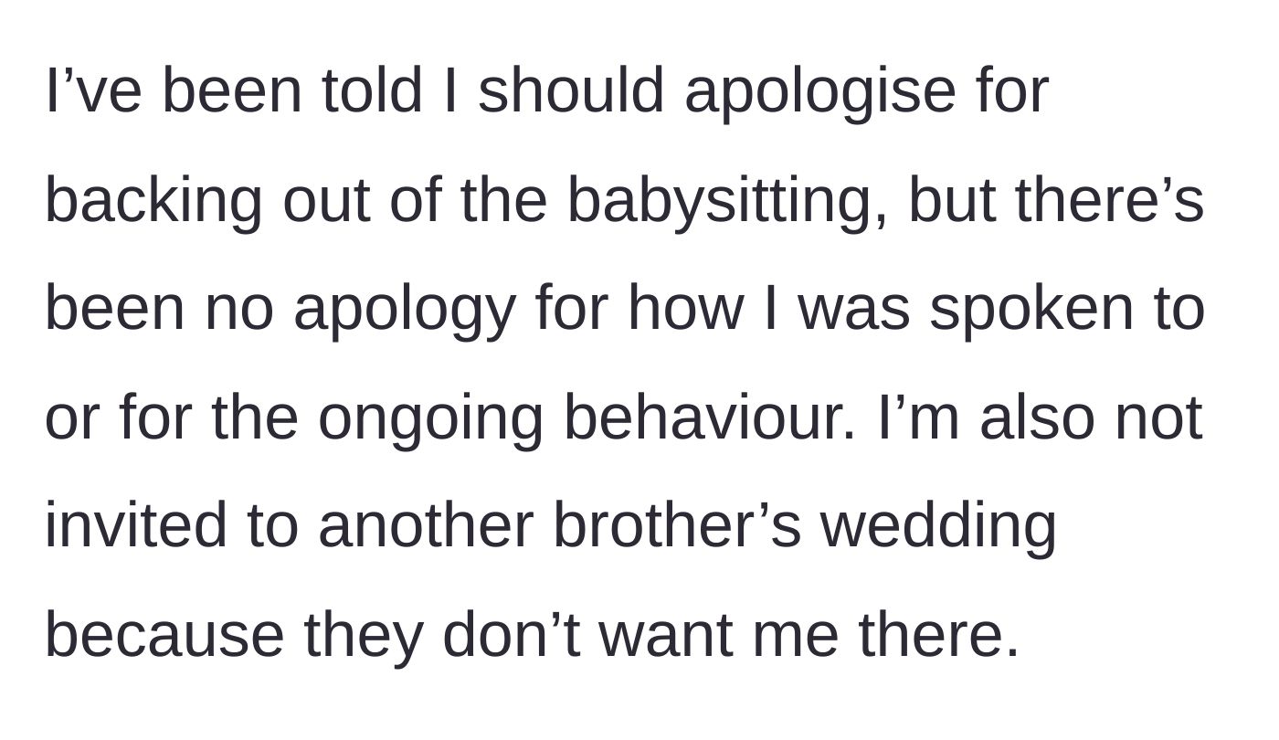 Story part 8 - Family members demand she apologize, and she is excluded from a different brother's wedding.