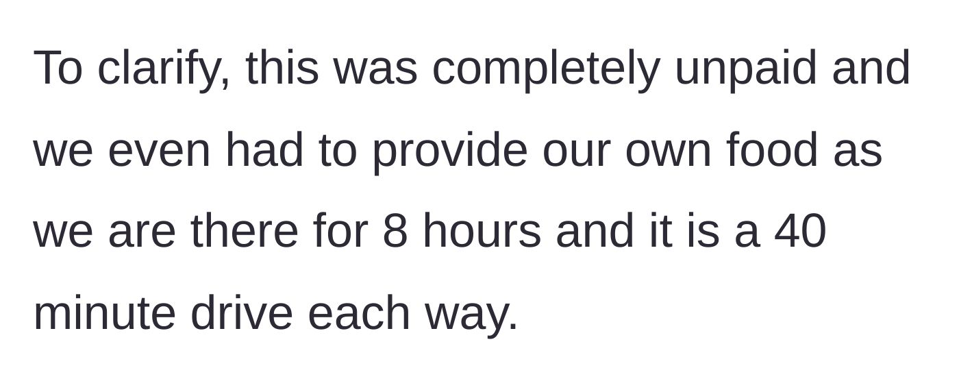 Story part 9 - She clarifies the babysitting involved an 80-minute round trip, 8 hours of unpaid work, and bringing her own food.
