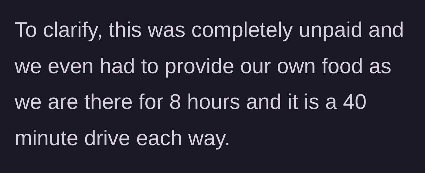 Story part 9 - She clarifies the babysitting involved an 80-minute round trip, 8 hours of unpaid work, and bringing her own food.