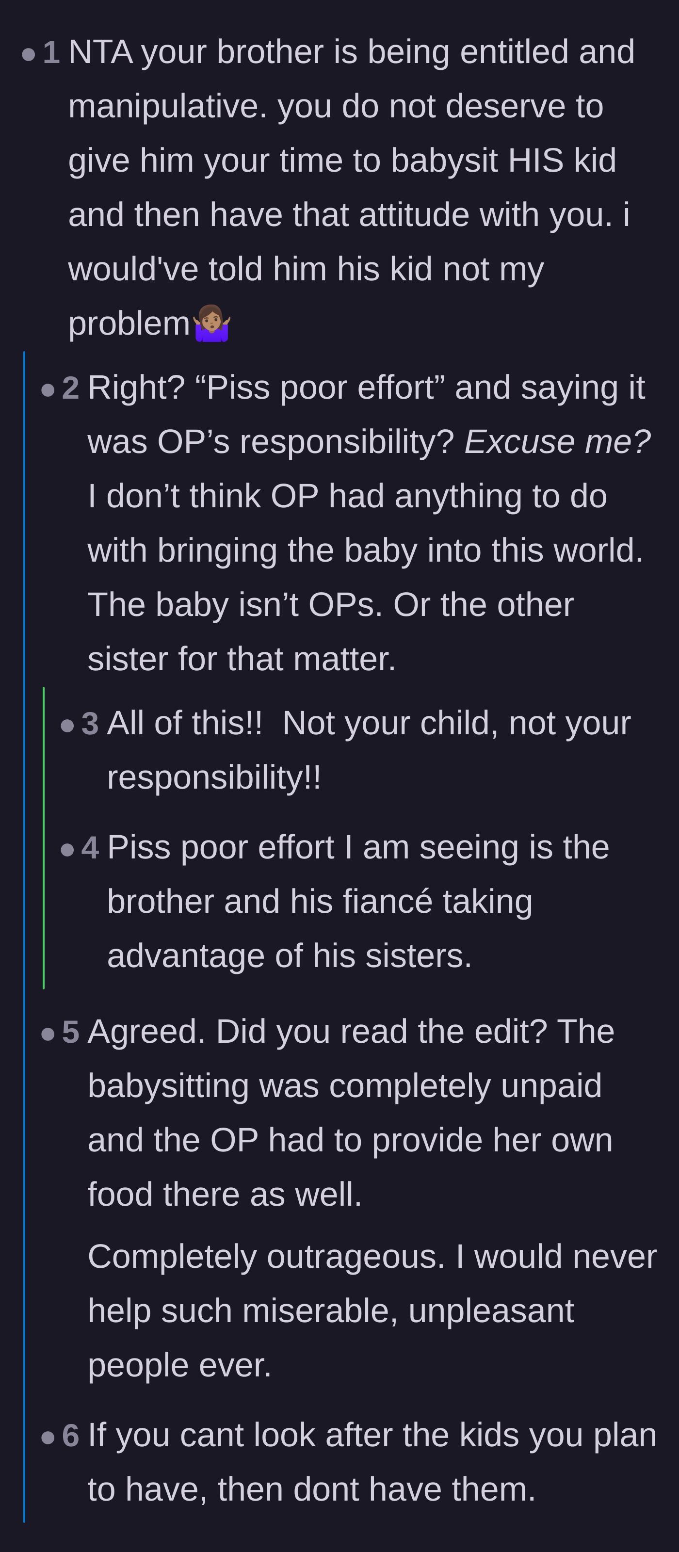 Comment thread 1 - Commenters agreeing that the sister has no obligation to provide unpaid childcare for a baby she didn't choose to have.