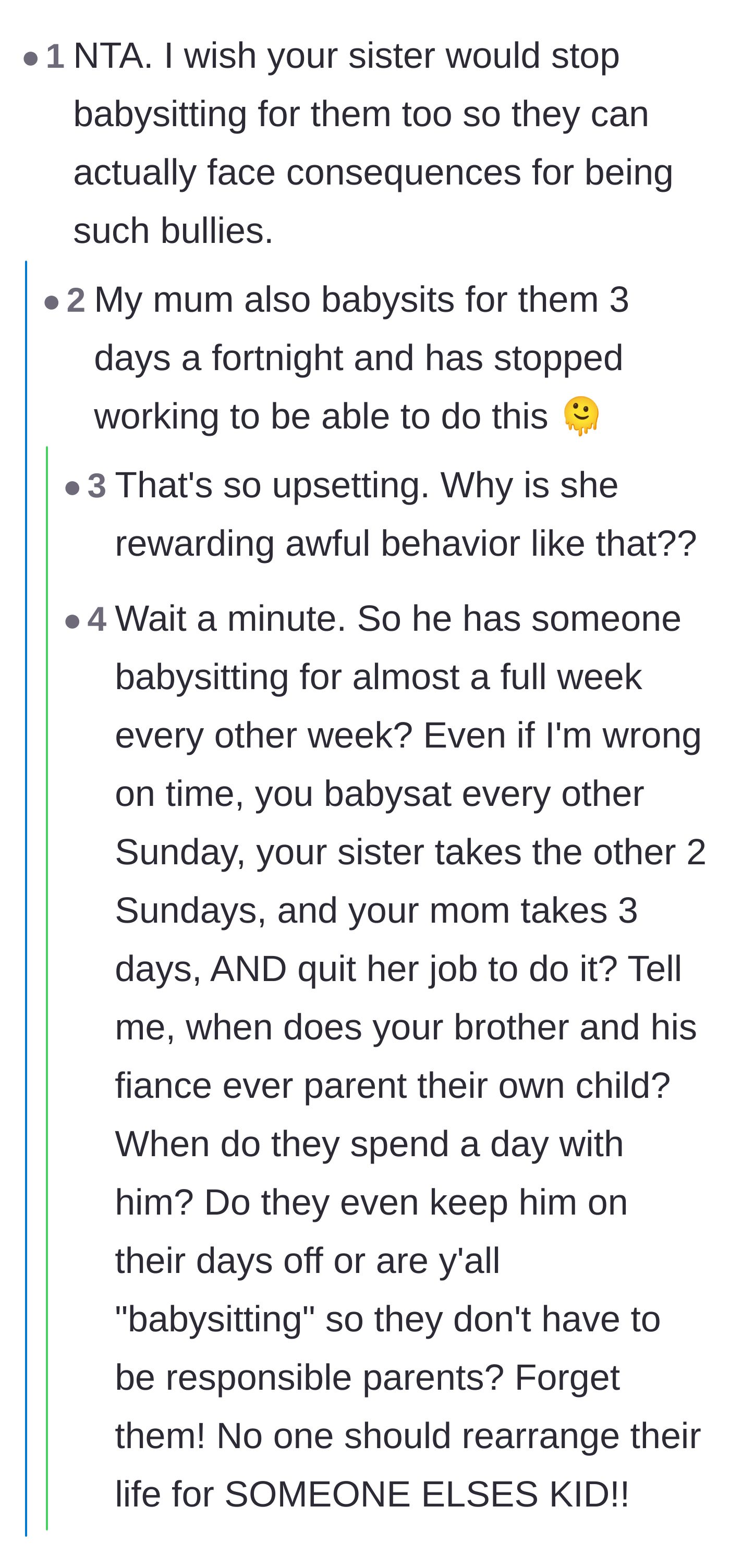 Comment thread 2 - A shocking discussion about how the mother quit her job to provide even more free babysitting for the brother.