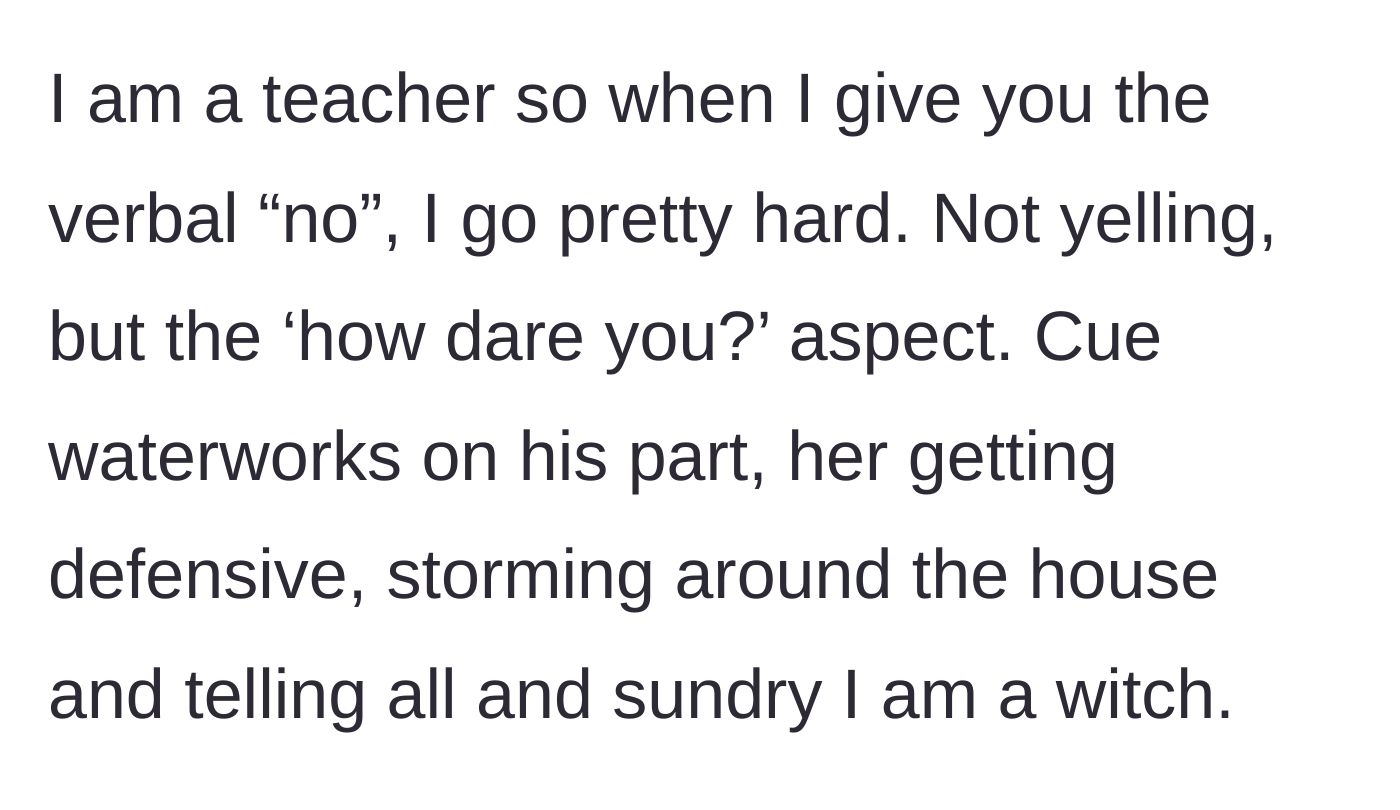 Story part 3 - The aunt uses her stern teacher voice, causing the child to cry and the niece to throw a tantrum and insult her.