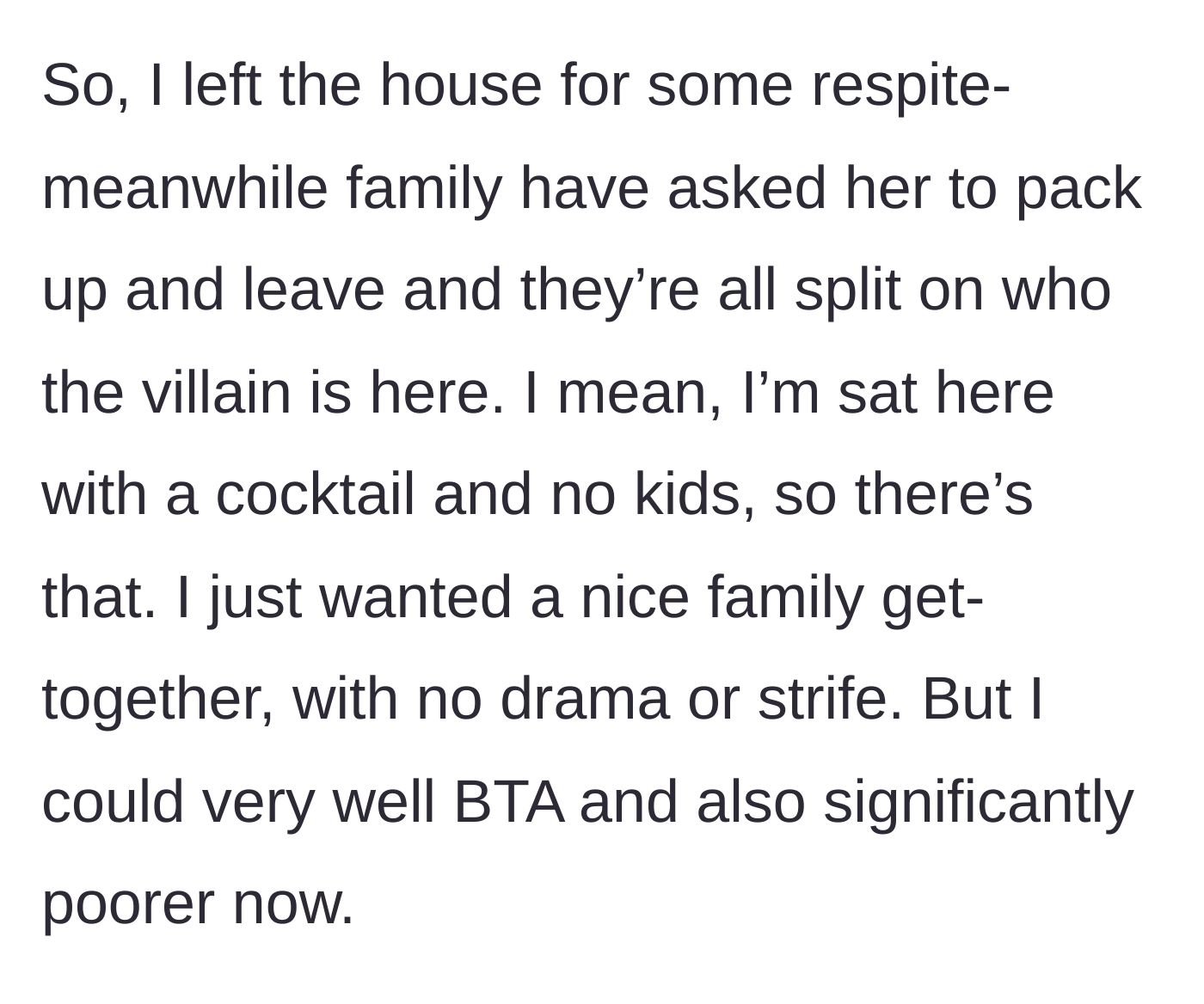 Story part 4 - The aunt leaves for a cocktail while the family kicks the niece out, leaving the relatives divided on who is to blame.