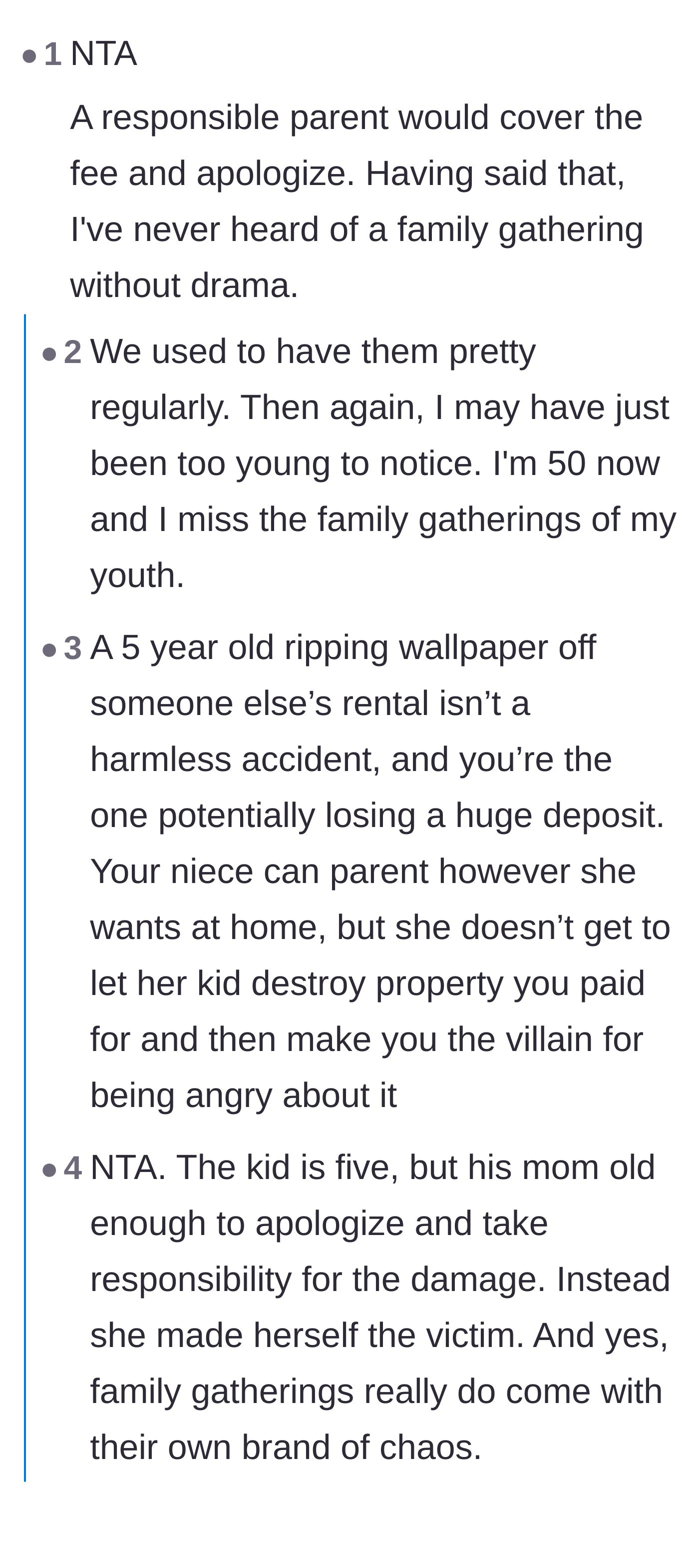 Comment thread 1 - A discussion mourning drama-free family gatherings and holding parents financially responsible for their kids.