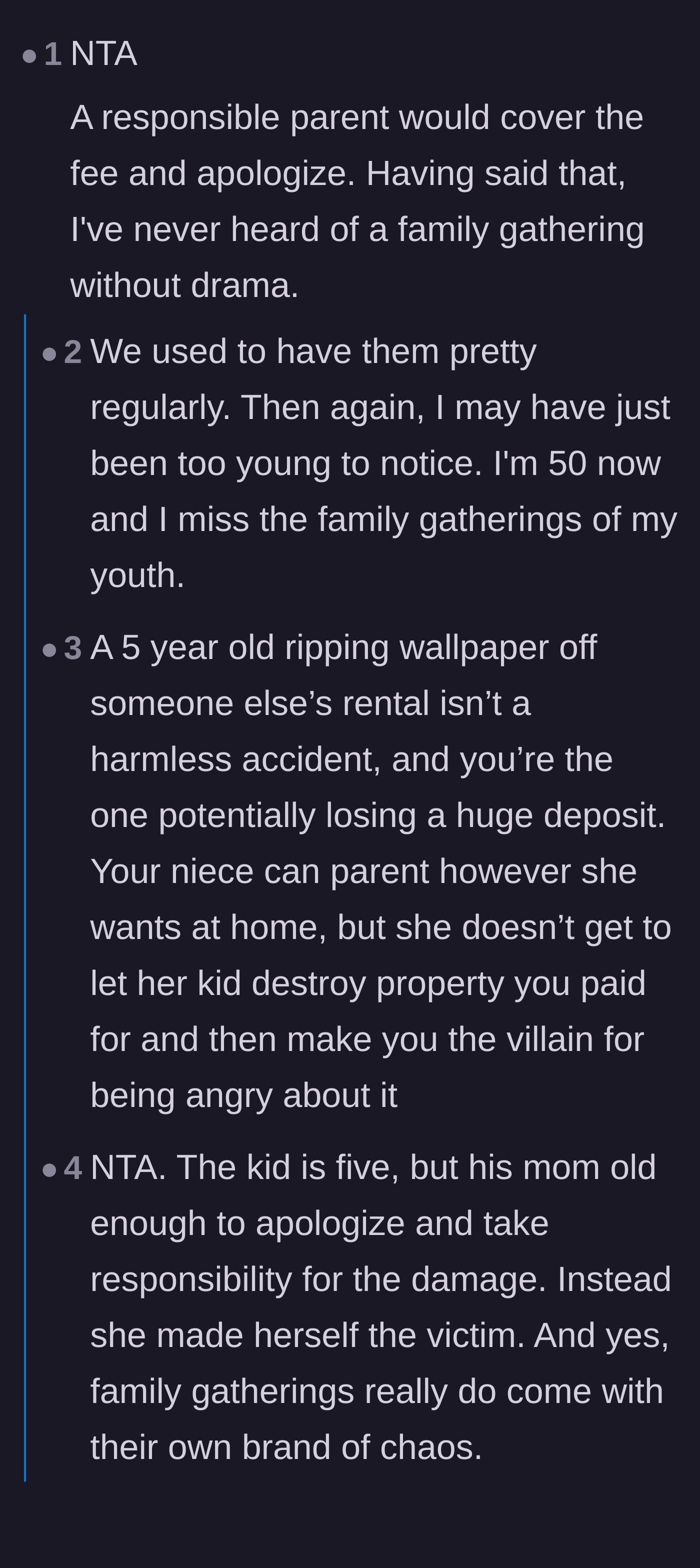 Comment thread 1 - A discussion mourning drama-free family gatherings and holding parents financially responsible for their kids.