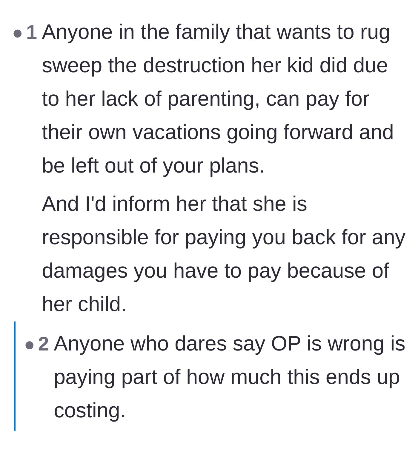 Comment thread 5 - Suggestions that any family members defending the niece should be forced to split the rental repair bill.