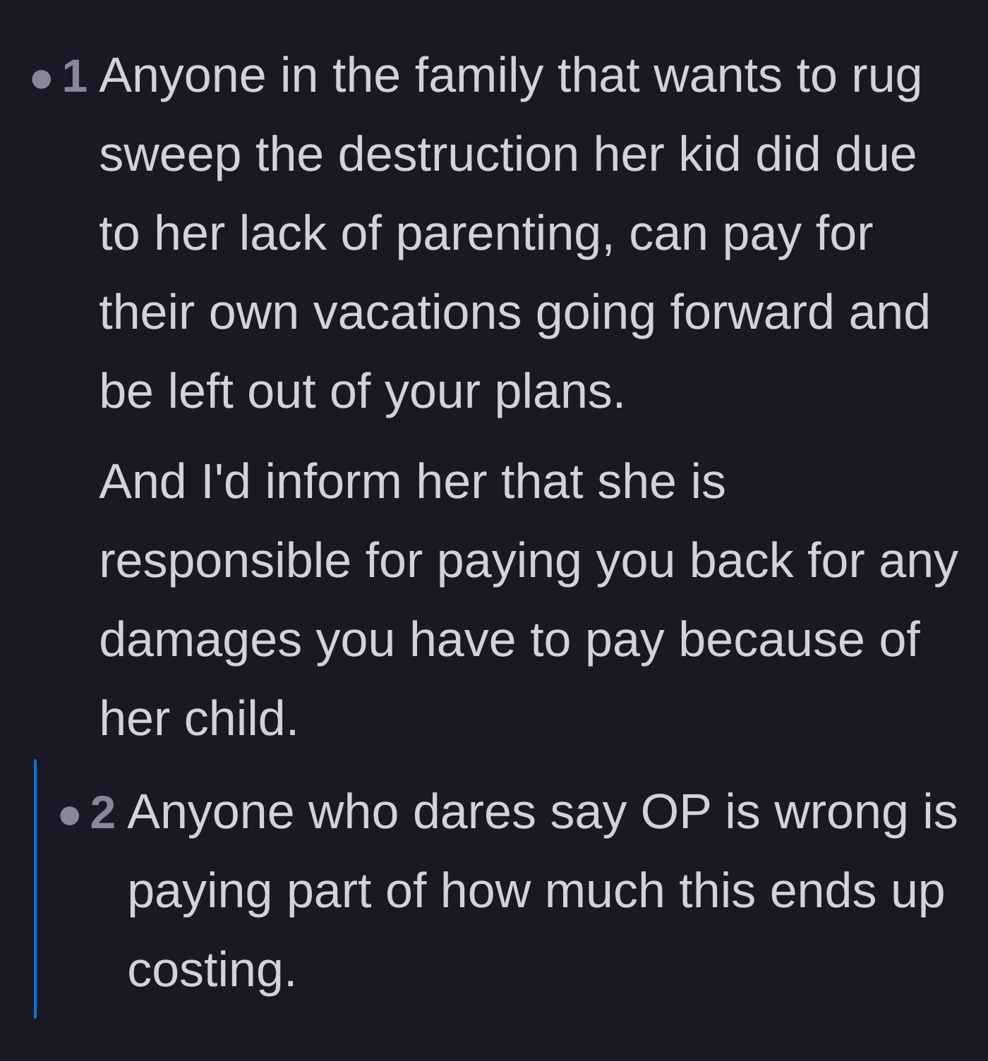 Comment thread 5 - Suggestions that any family members defending the niece should be forced to split the rental repair bill.