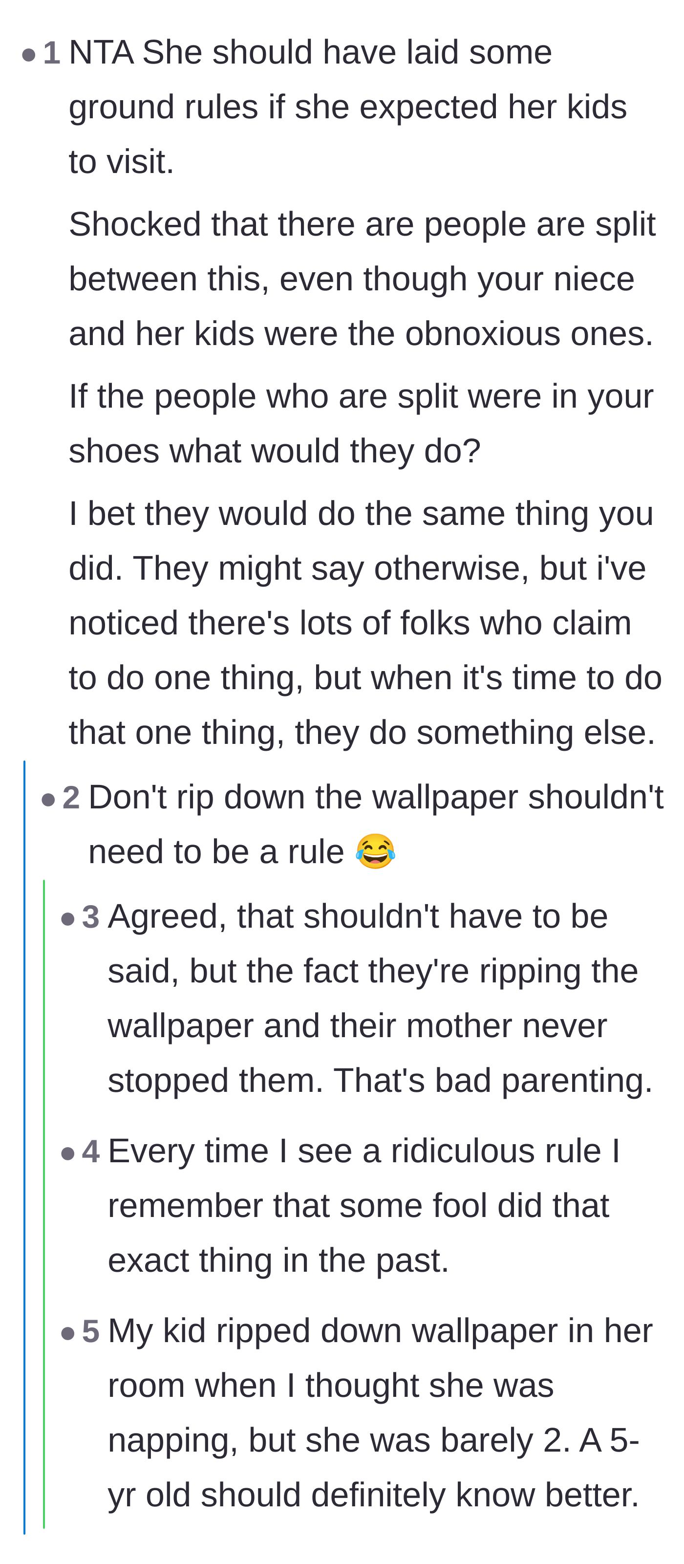 Comment thread 6 - A debate on whether you need to explicitly tell children not to peel wallpaper off the walls.