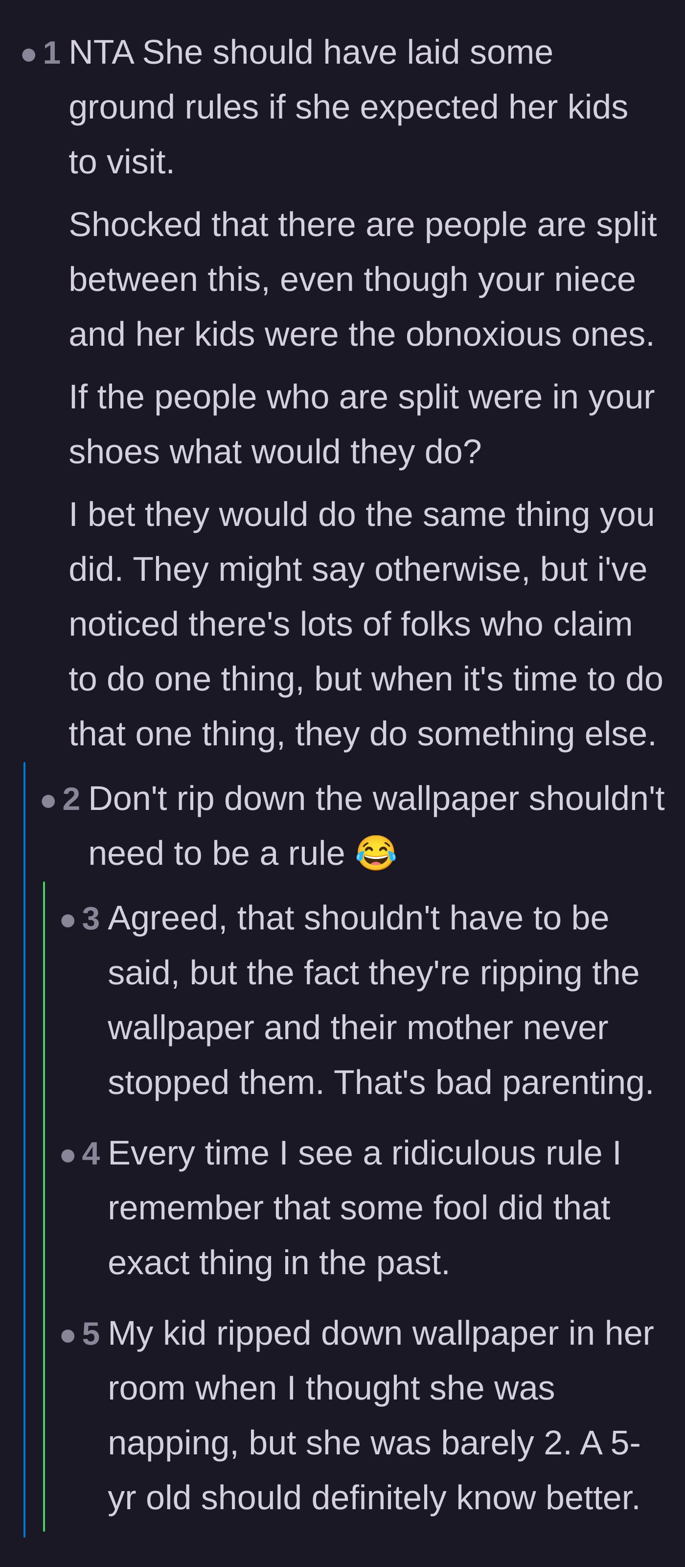Comment thread 6 - A debate on whether you need to explicitly tell children not to peel wallpaper off the walls.