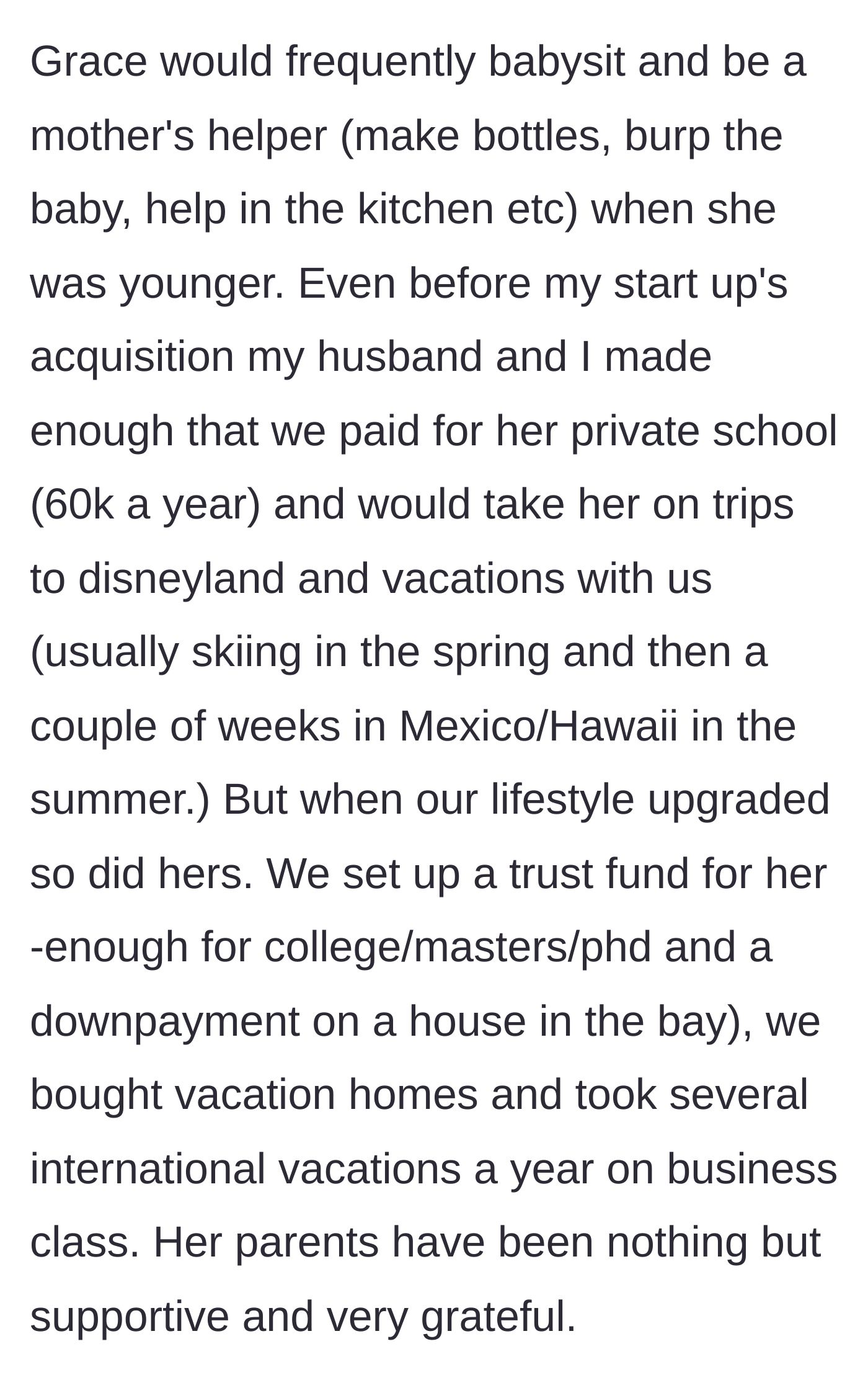 Story part 2 - Details of the lavish gifts provided to the niece, including $60k private school tuition, massive trust funds, and luxury vacations.