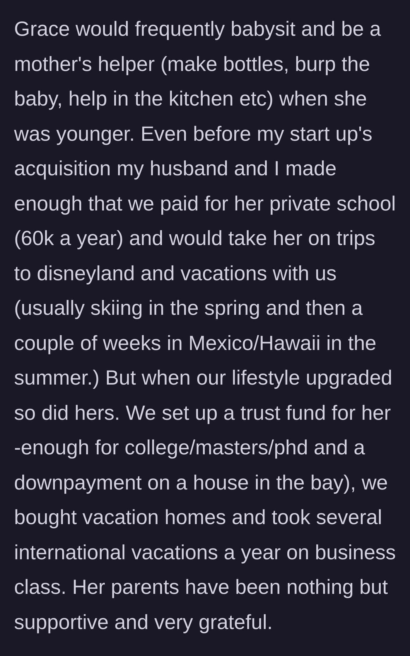 Story part 2 - Details of the lavish gifts provided to the niece, including $60k private school tuition, massive trust funds, and luxury vacations.