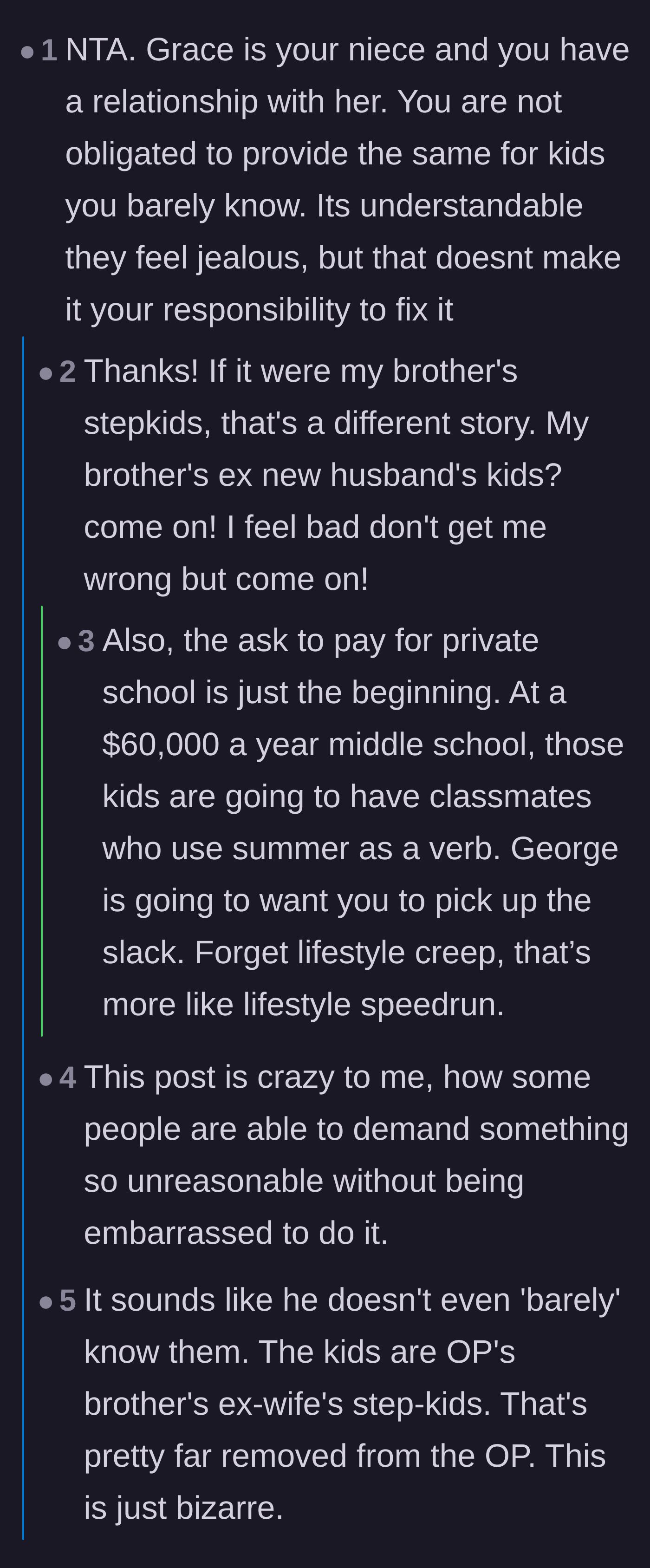 Comment thread 1 - Readers dissect the audacity of the stepfather's demands and the reality of his actual financial situation.