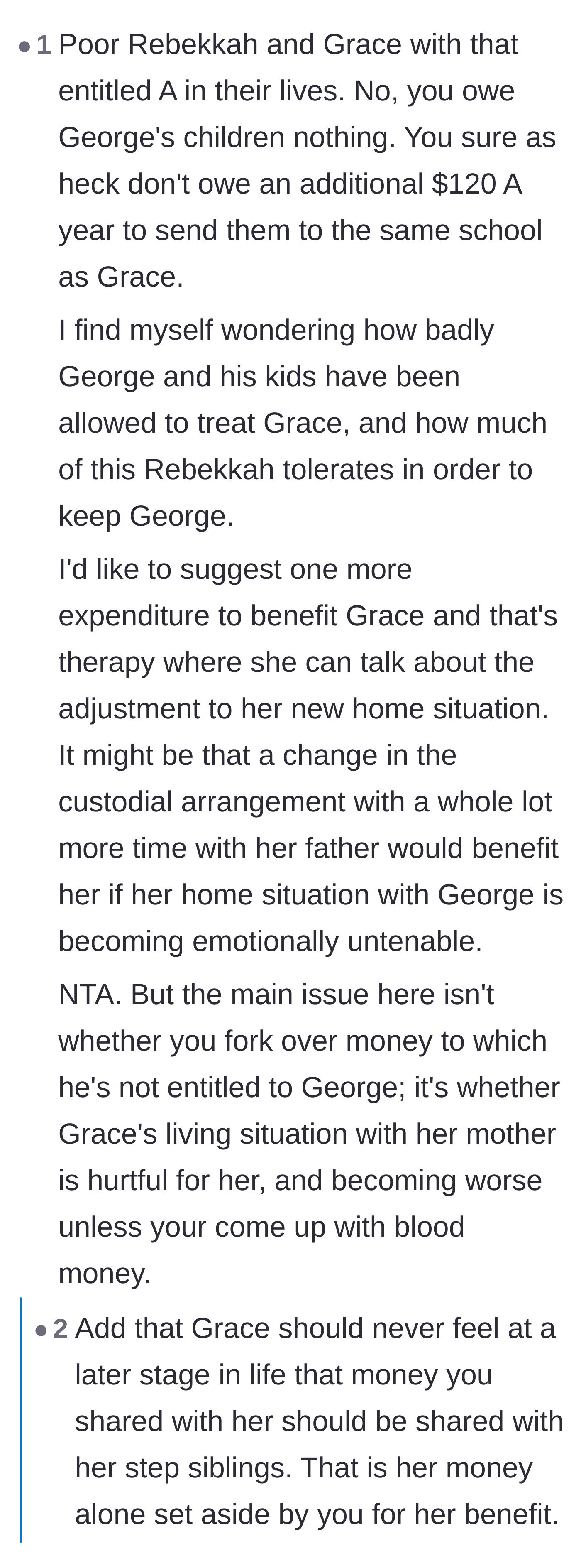 Comment thread 4 - Advice to put the niece in therapy and reconsider custody arrangements to protect her from the stepfamily's resentment.