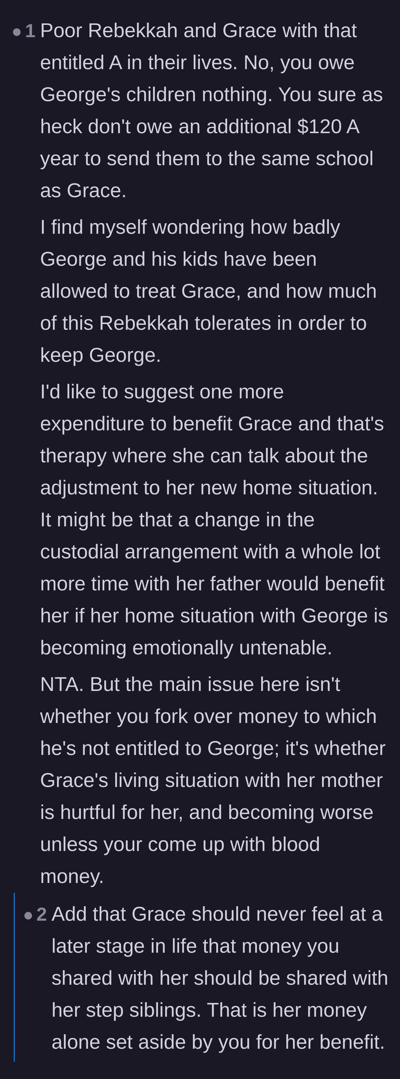 Comment thread 4 - Advice to put the niece in therapy and reconsider custody arrangements to protect her from the stepfamily's resentment.