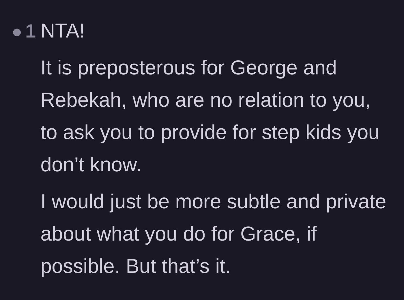 Comment thread 5 - A straightforward verdict declaring the stepfather's request preposterous and advising the aunt to keep her gifts to the niece private.