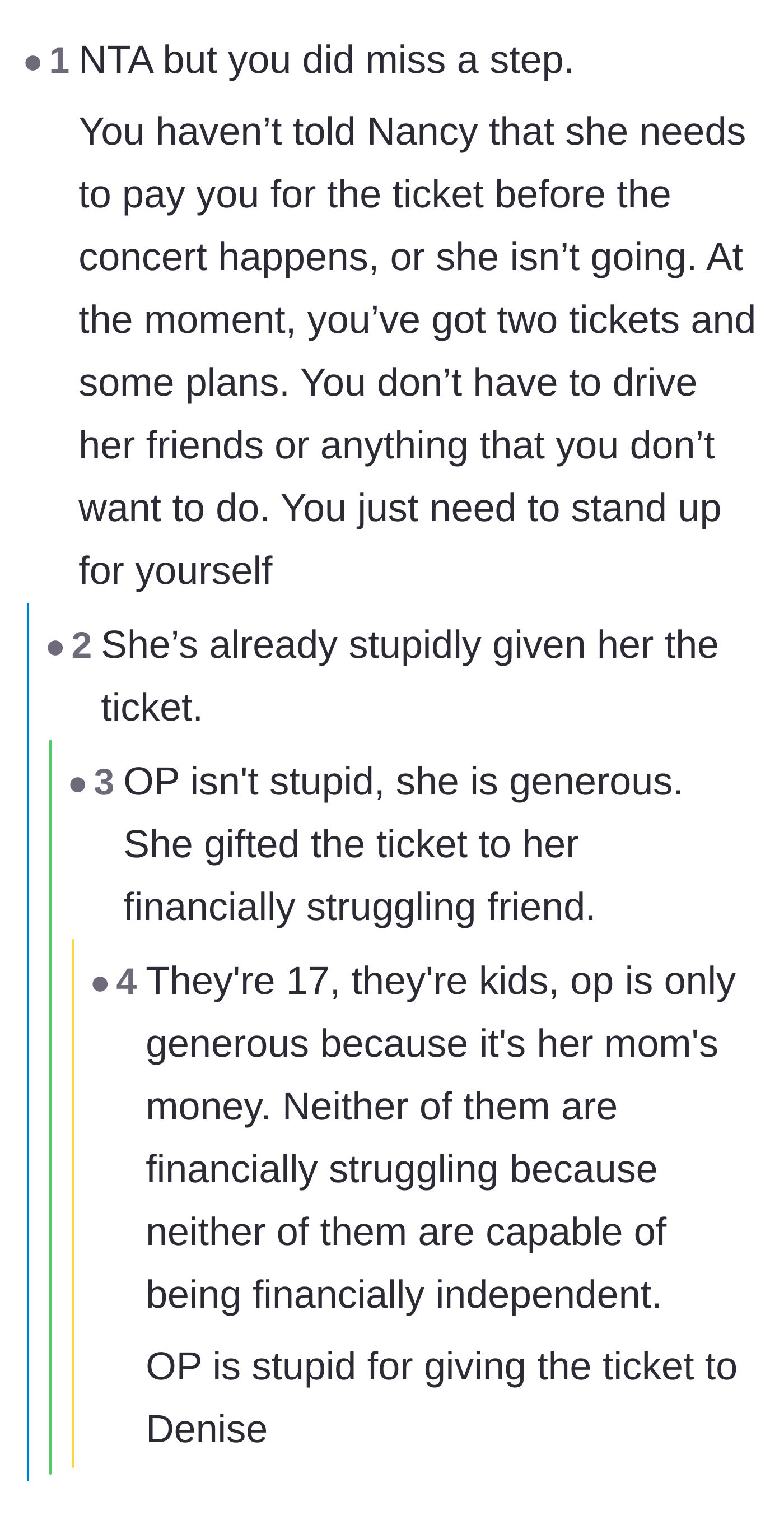 Comment thread 1 - A debate about giving the ticket away early where the original poster defends her generous intentions and gets massive support.