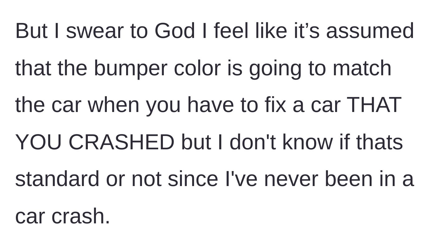 Story part 5 - The owner questions their own sanity, wondering if it's standard practice to explicitly request matching paint after a crash.