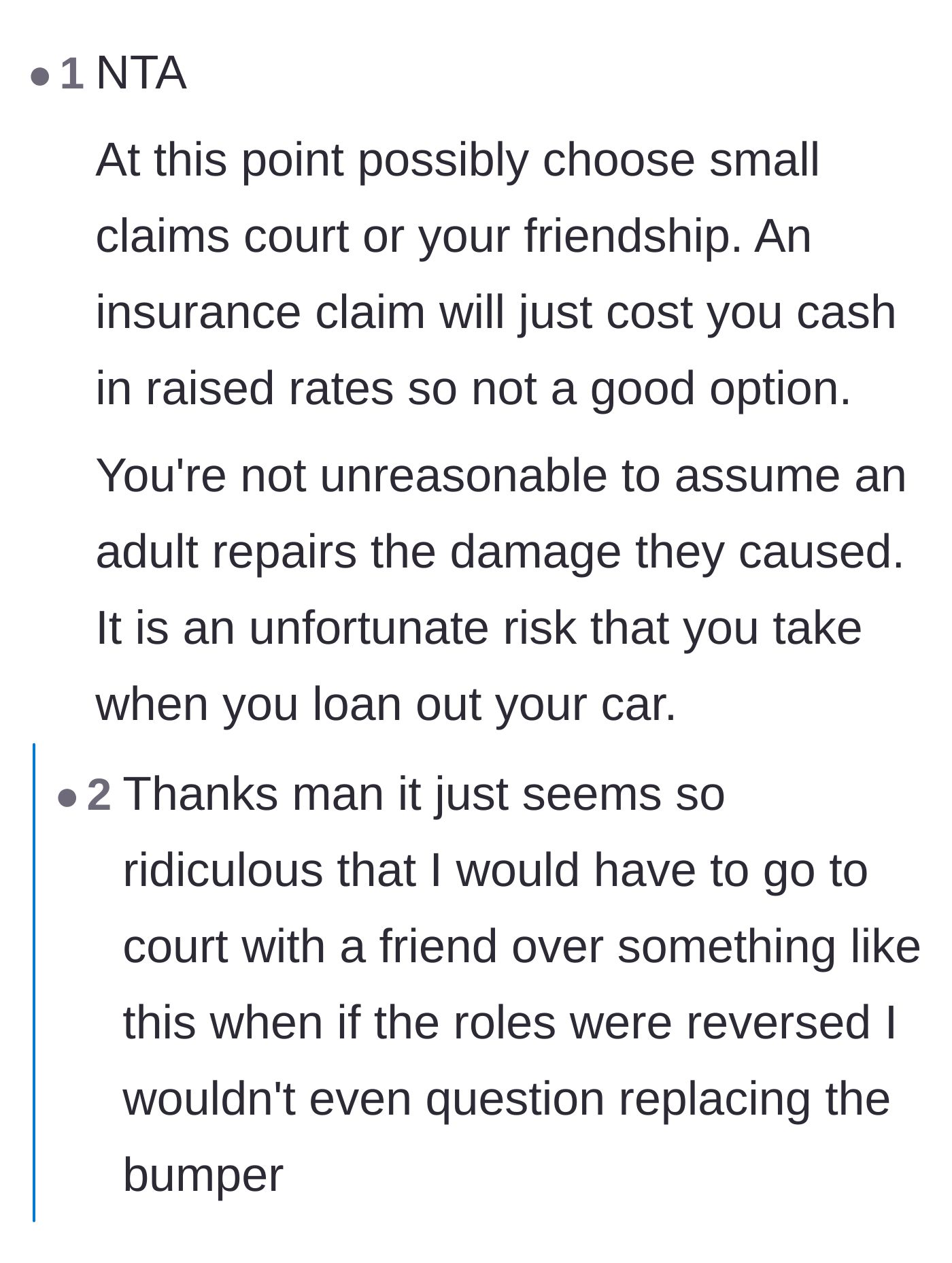 Comment thread 1 - Readers debating whether to take the friend to small claims court and agreeing the friendship is already over.